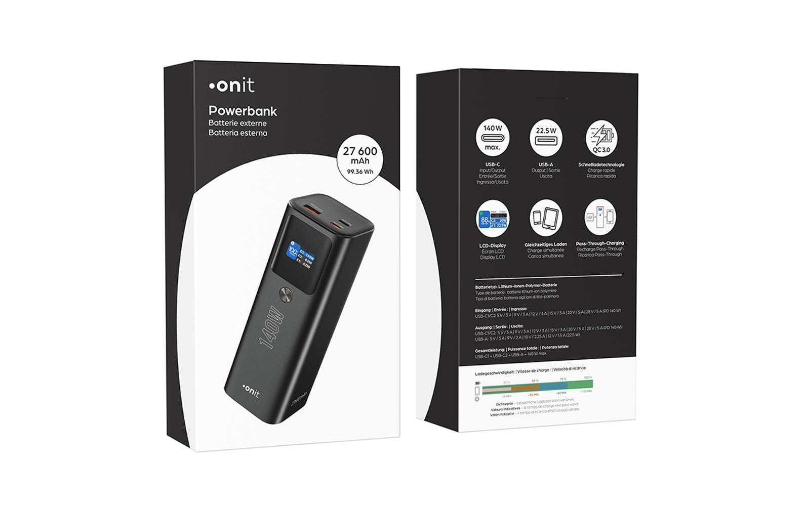 Onit Powerbank 27'600 mAh – 140 W PD, 2× USB-C, 1× USB-A, Anthrazit