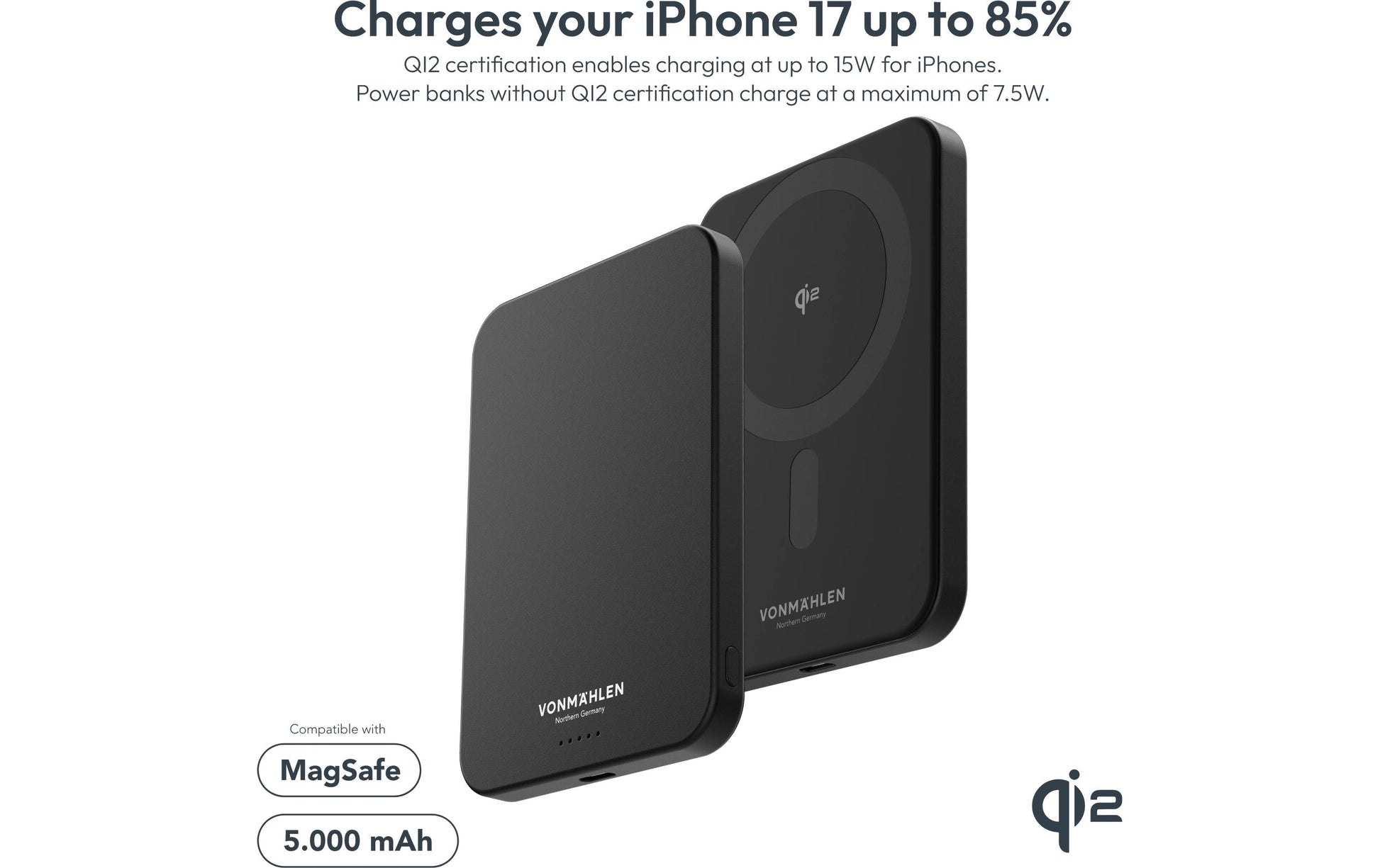 Vonmählen Evergreen Mag MagSafe Powerbank 5'000 mAh – 15 W PD, 1× USB-C, Schwarz