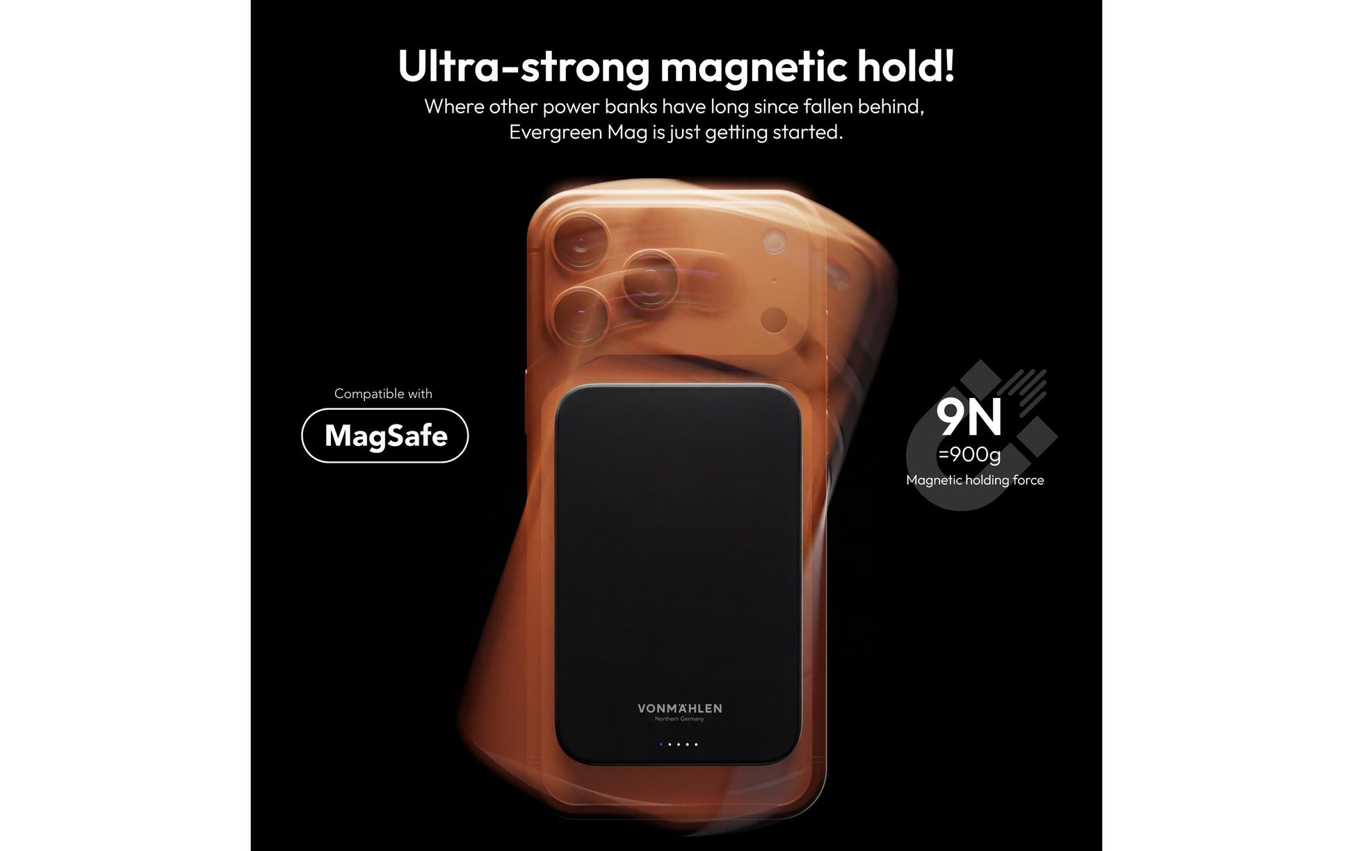 Vonmählen Evergreen Mag MagSafe Powerbank 5'000 mAh – 15 W PD, 1× USB-C, Schwarz