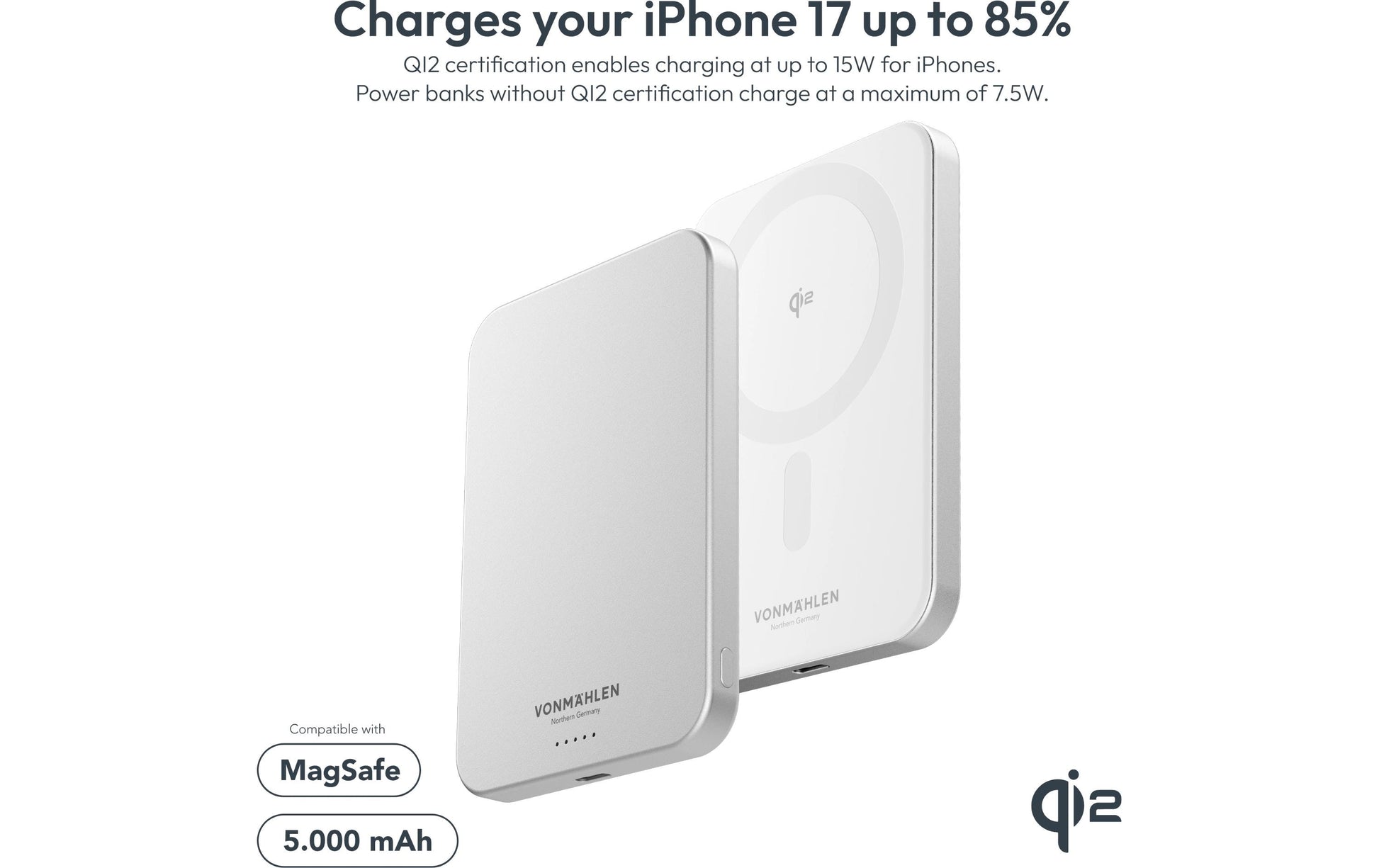 Vonmählen Evergreen Mag MagSafe Powerbank 5'000 mAh – 15 W PD, 1× USB-C, Weiss