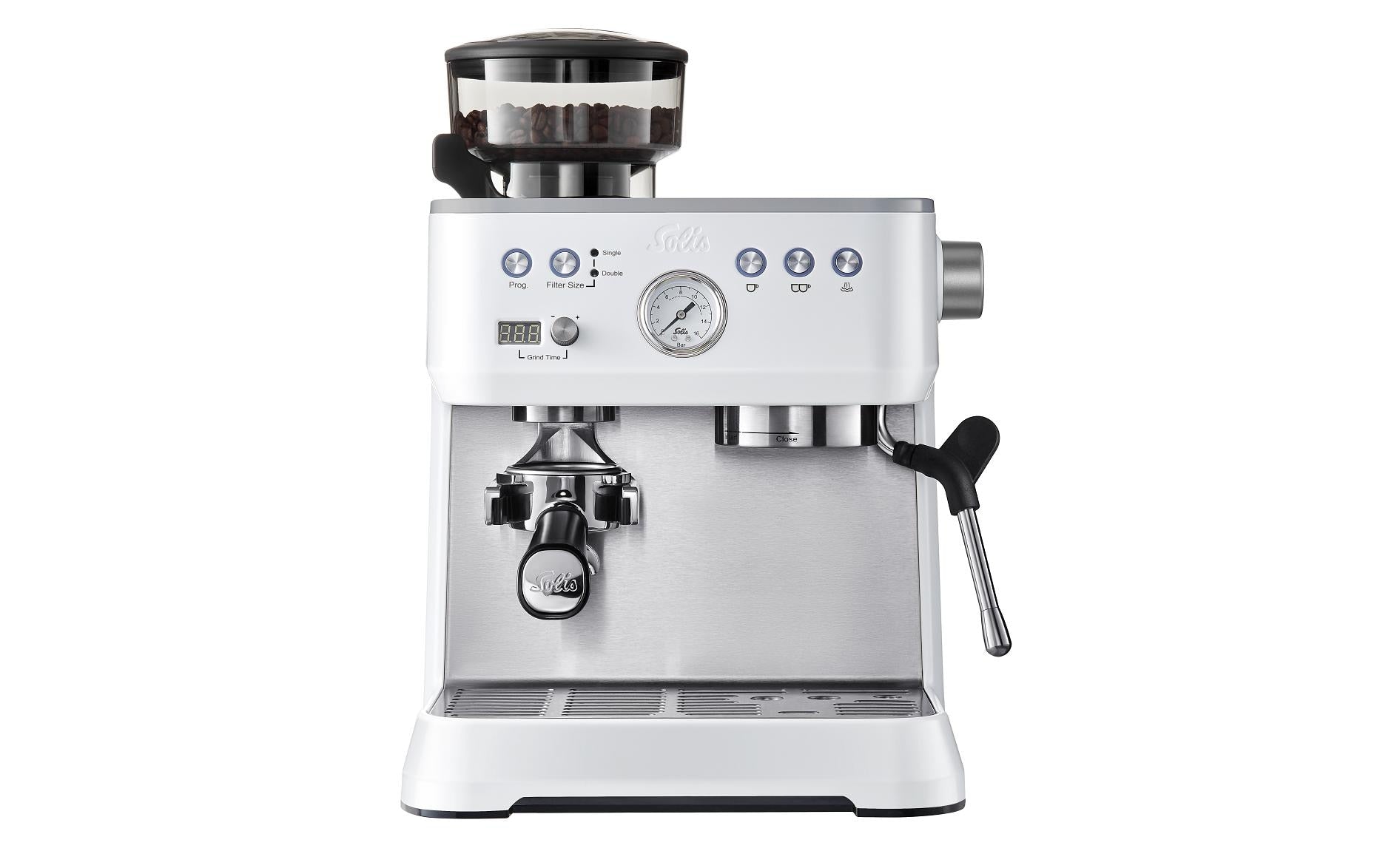 Solis 1019 Grind & Infuse Perfetta Espressomaschine (Siebträger) – 16 bar, 2,6 l, Milchschaumdüse, Weiss