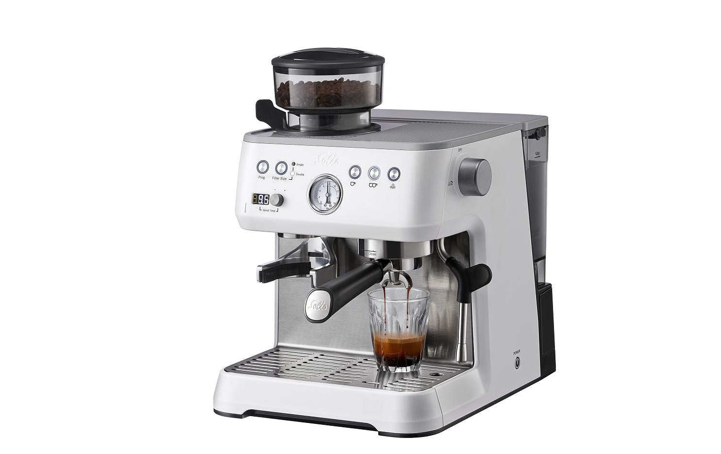 Solis 1019 Grind & Infuse Perfetta Espressomaschine (Siebträger) – 16 bar, 2,6 l, Milchschaumdüse, Weiss