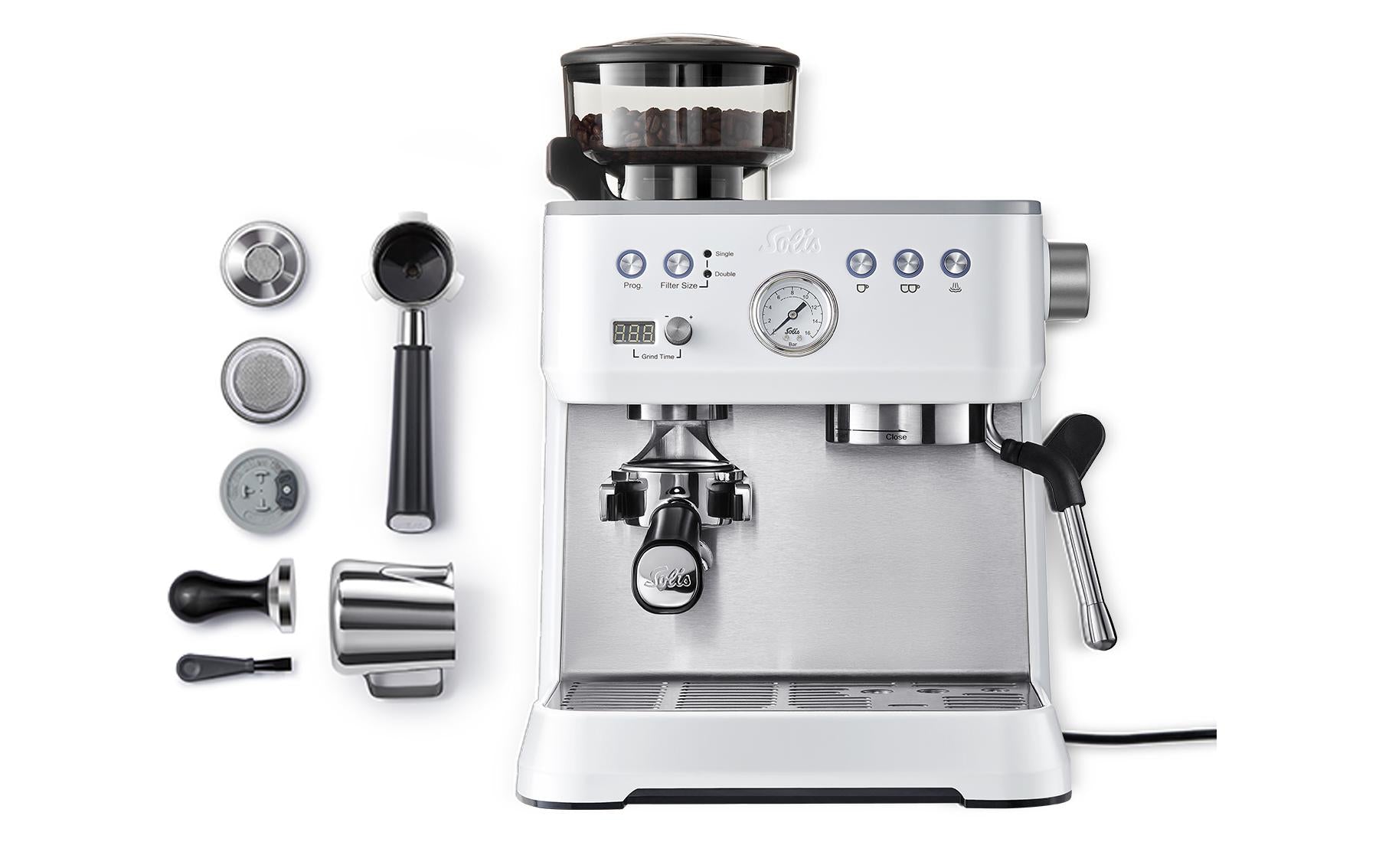 Solis 1019 Grind & Infuse Perfetta Espressomaschine (Siebträger) – 16 bar, 2,6 l, Milchschaumdüse, Weiss