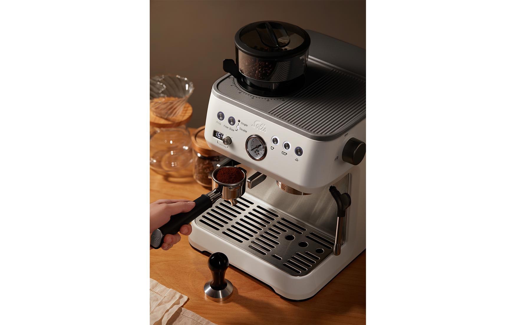 Solis 1019 Grind & Infuse Perfetta Espressomaschine (Siebträger) – 16 bar, 2,6 l, Milchschaumdüse, Weiss