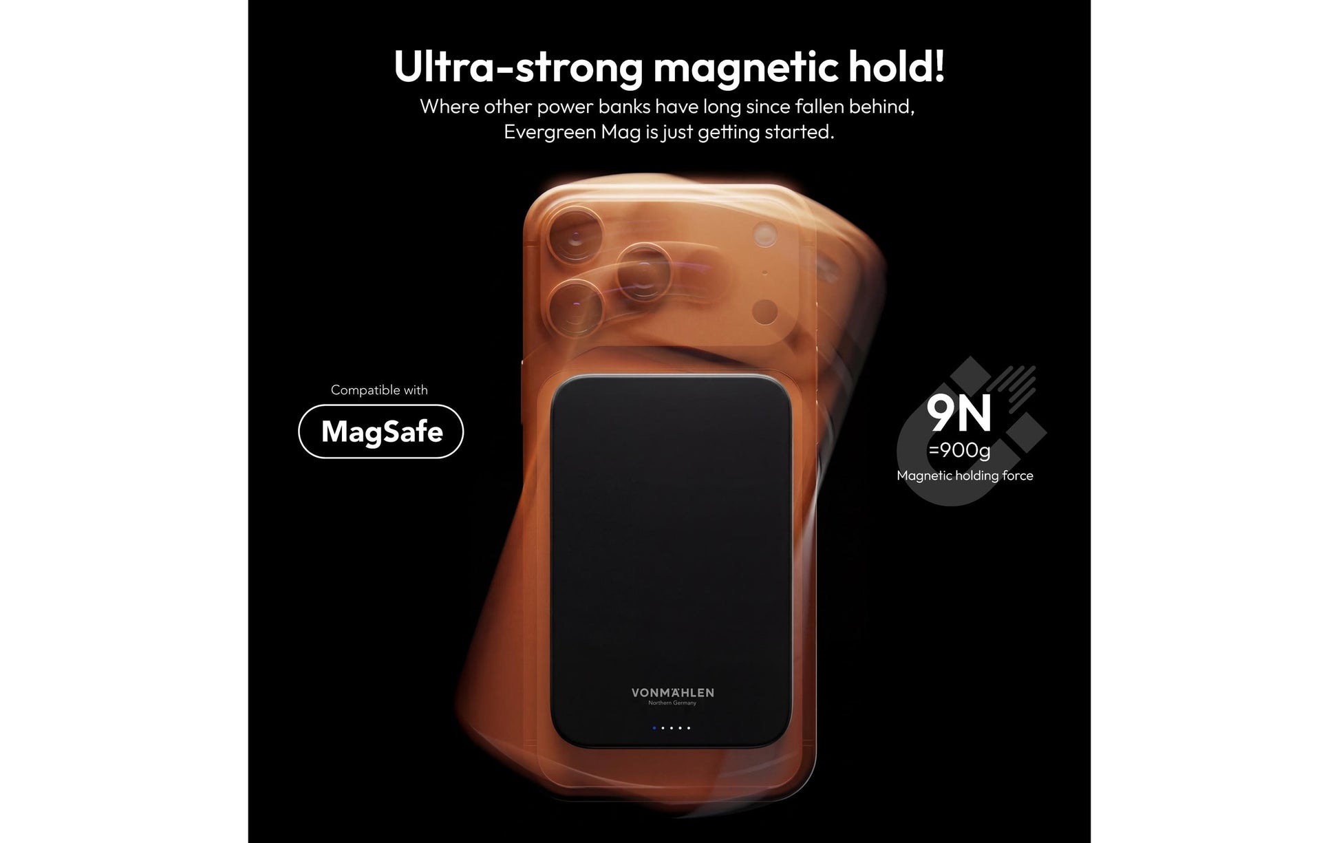 Vonmählen Evergreen Mag MagSafe Powerbank 10'000 mAh – 20 W PD, 1× USB-C, Schwarz