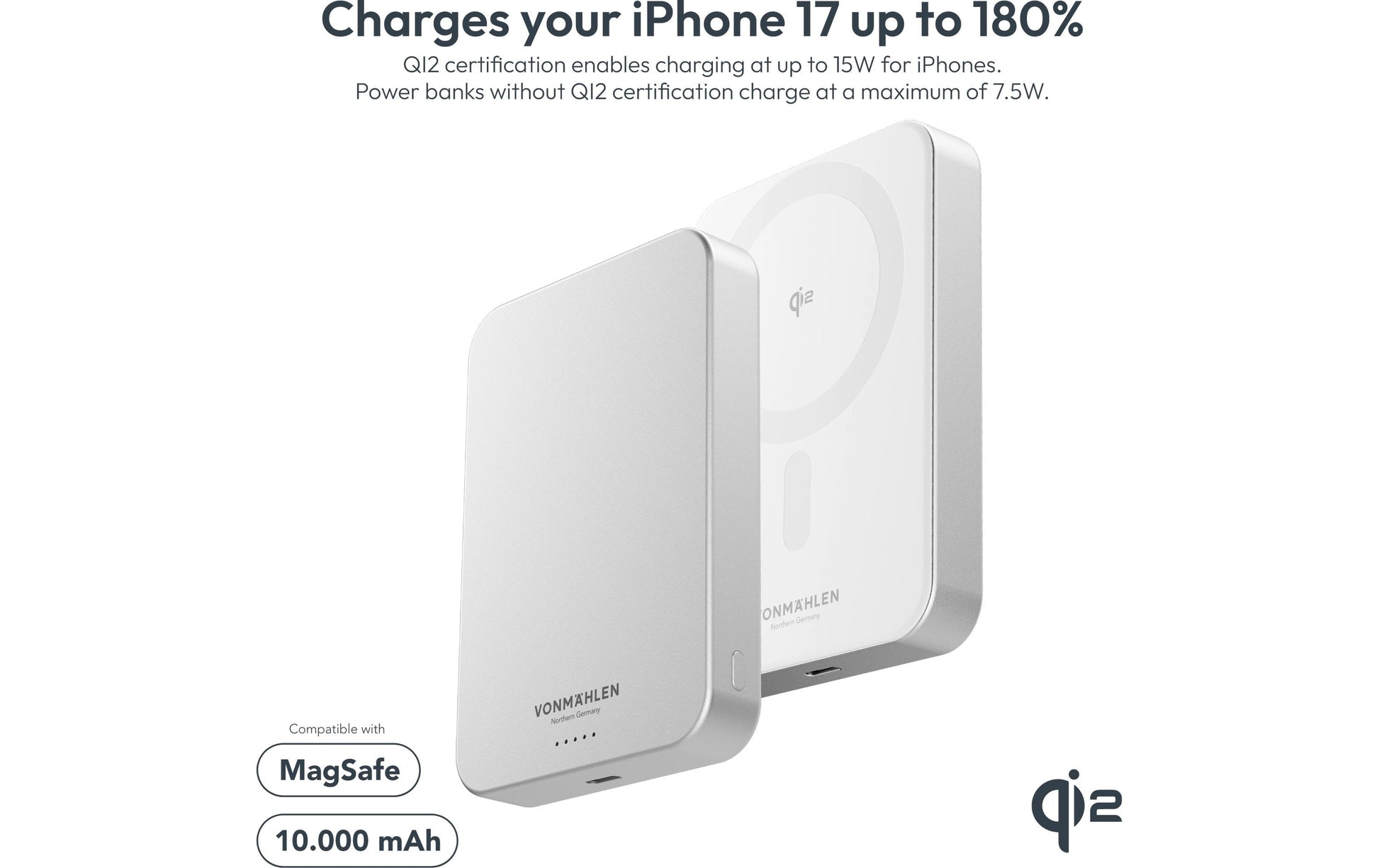 Vonmählen Evergreen MagSafe Powerbank 10'000 mAh – 20 W PD, 1× USB-C, Weiss