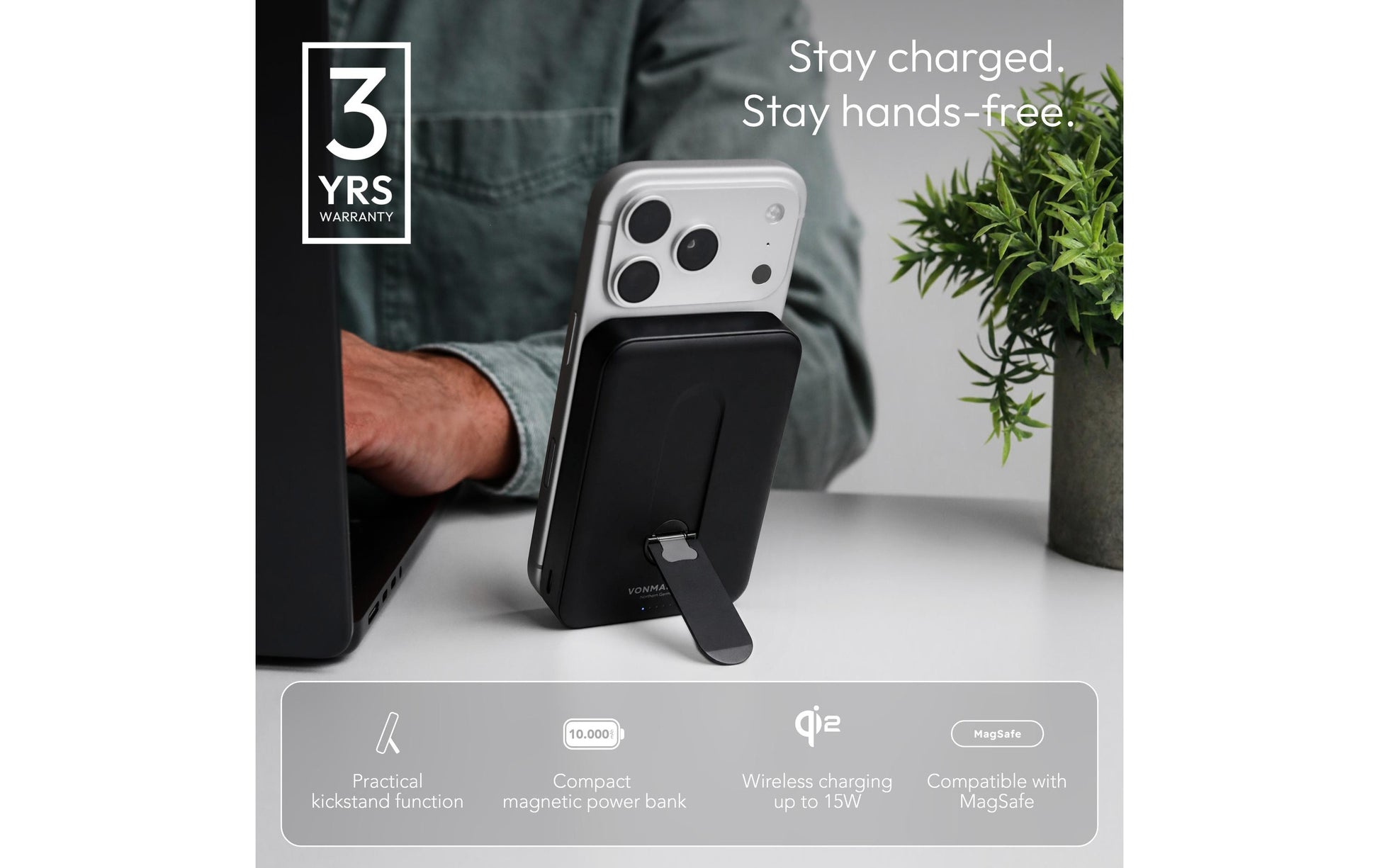 Vonmählen Evergreen Mag MagSafe Powerbank 10'000 mAh – 1× USB-C, schwarz
