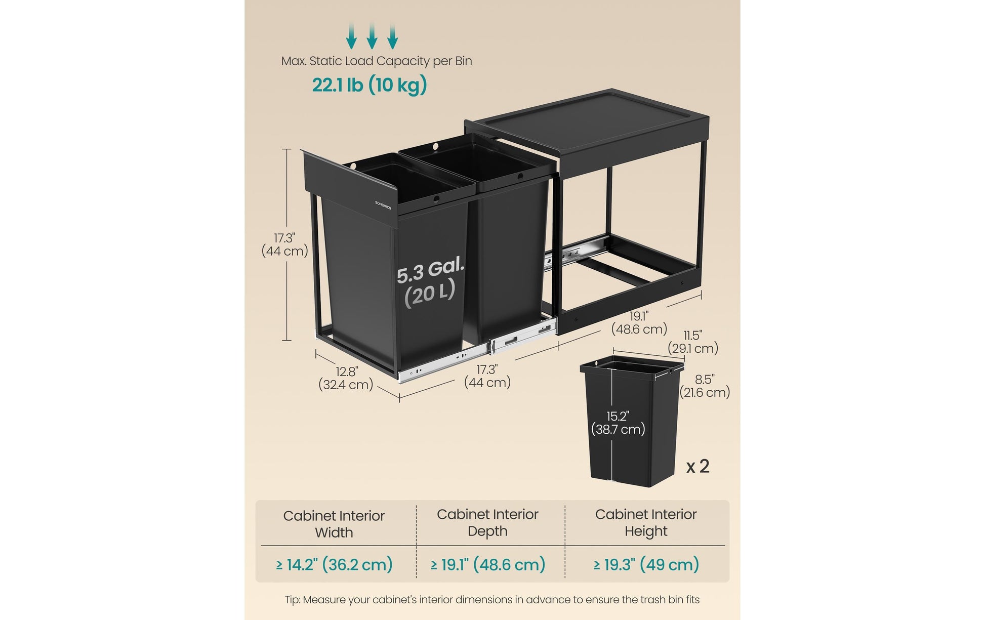 Songmics Systempapierkorb – 40 l – Stahl/ABS/PP, rechteckig – 2-fach – schwarz