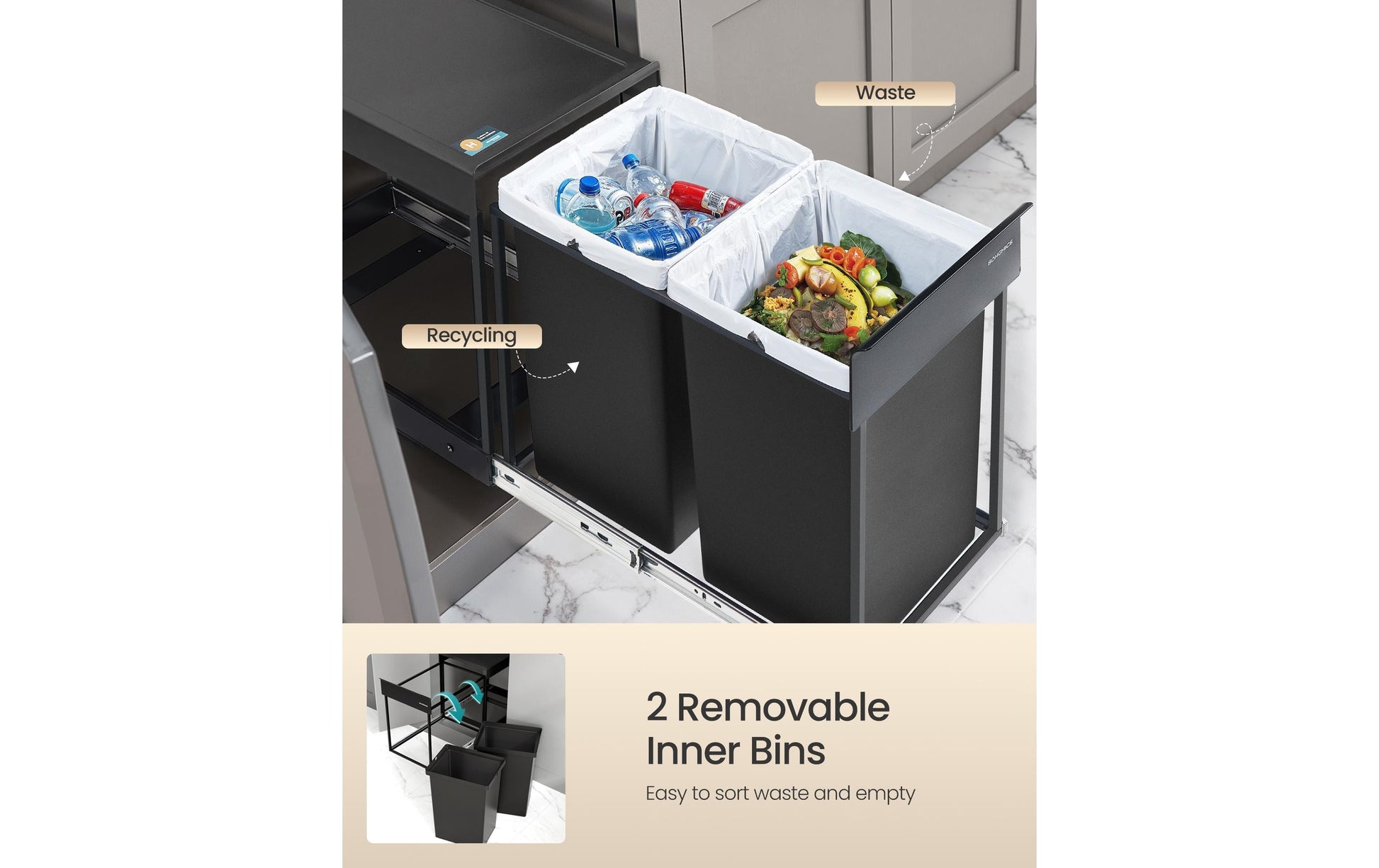 Songmics Systempapierkorb – 40 l – Stahl/ABS/PP, rechteckig – 2-fach – schwarz