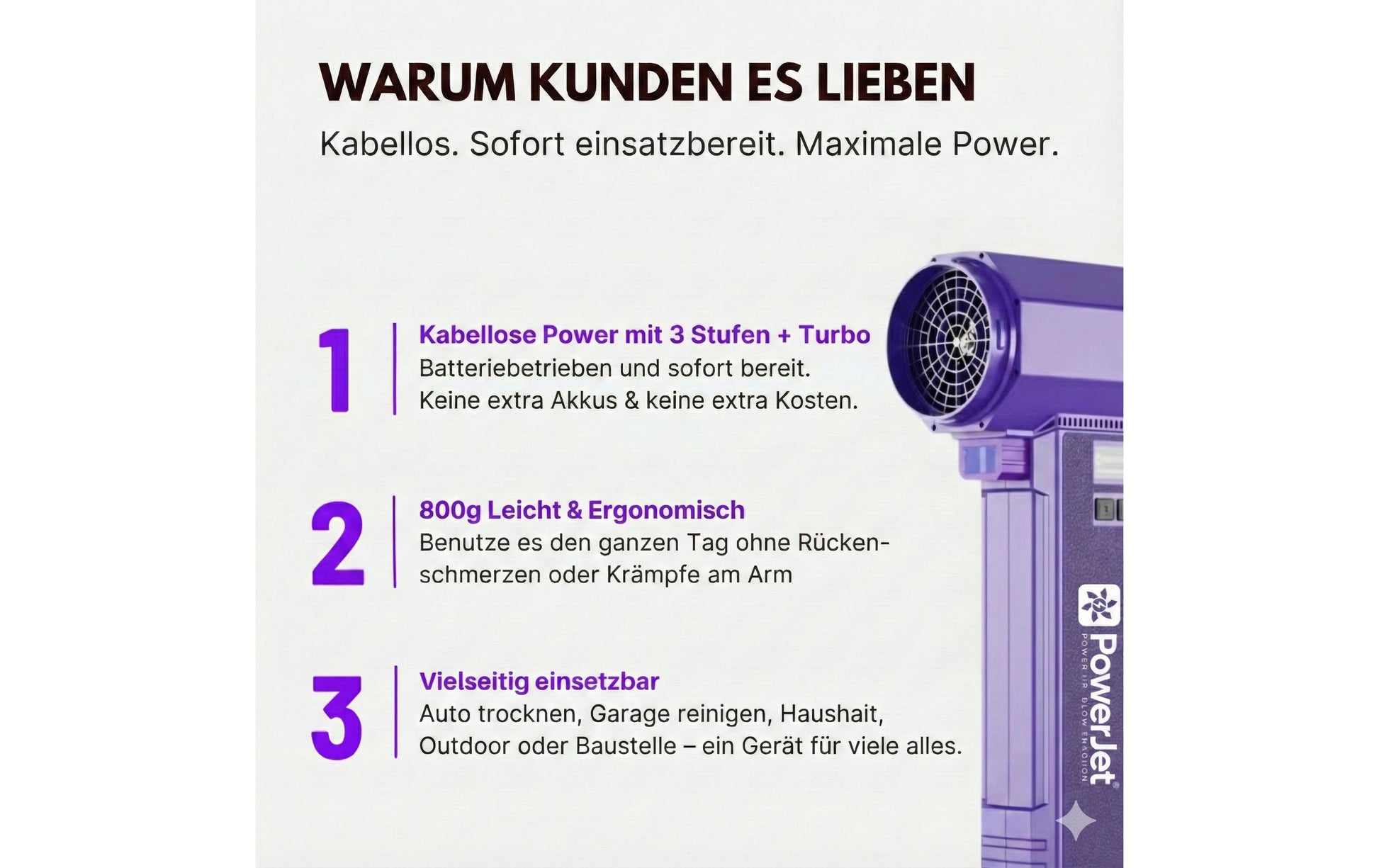 Powerjets Lila Laubbläser – Akkubetrieb – 200 km/h – mit Akku & Ladegerät