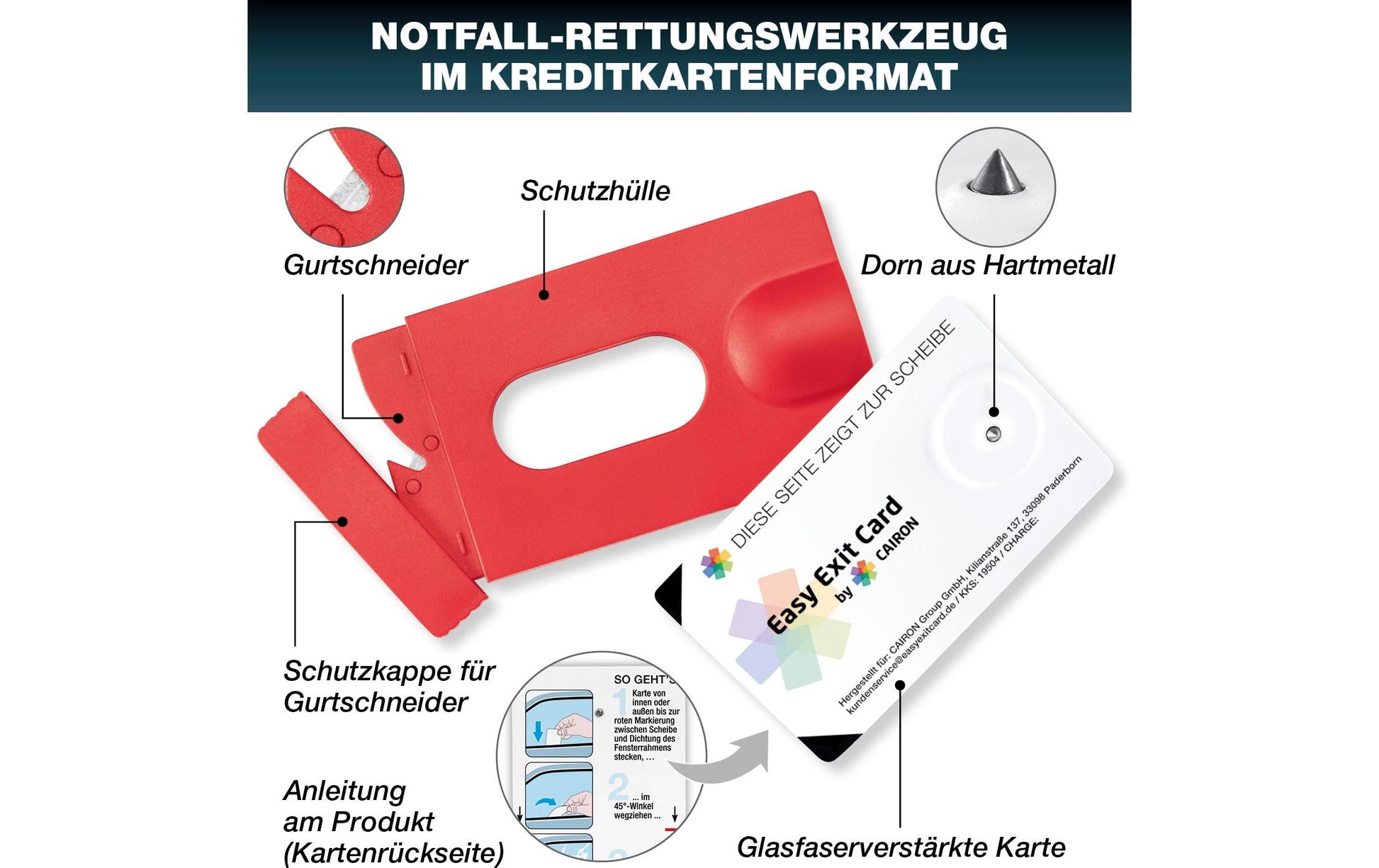 Easy Exit – Card Rettungswerkzeug – Nothammer, Gurtenschneider – Rot