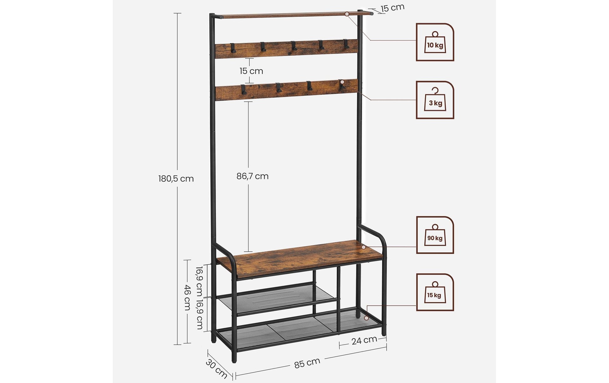 Vasagle Garderobe mit Schuhregal – Stahl/Spanplatte, Braun, 85 × 30 × 180,5 cm