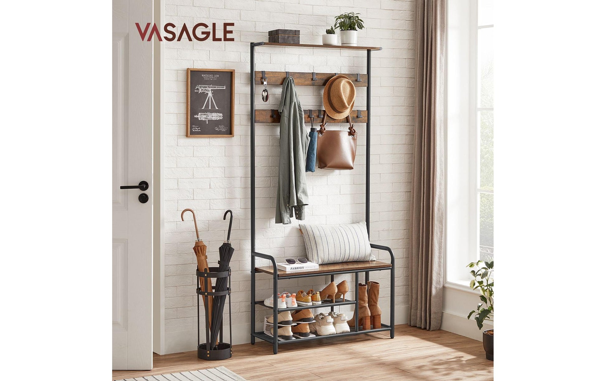 Vasagle Garderobe mit Schuhregal – Stahl/Spanplatte, Braun, 85 × 30 × 180,5 cm