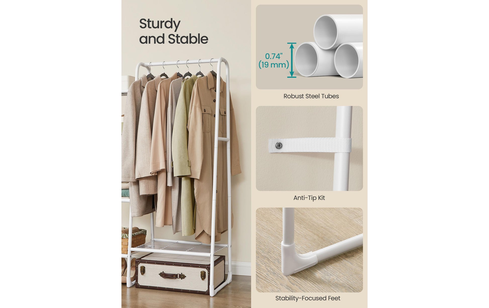 Songmics Garderobenständer – Stahl/Kunststoff, Weiss, 101,7 × 40 × 153,3 cm