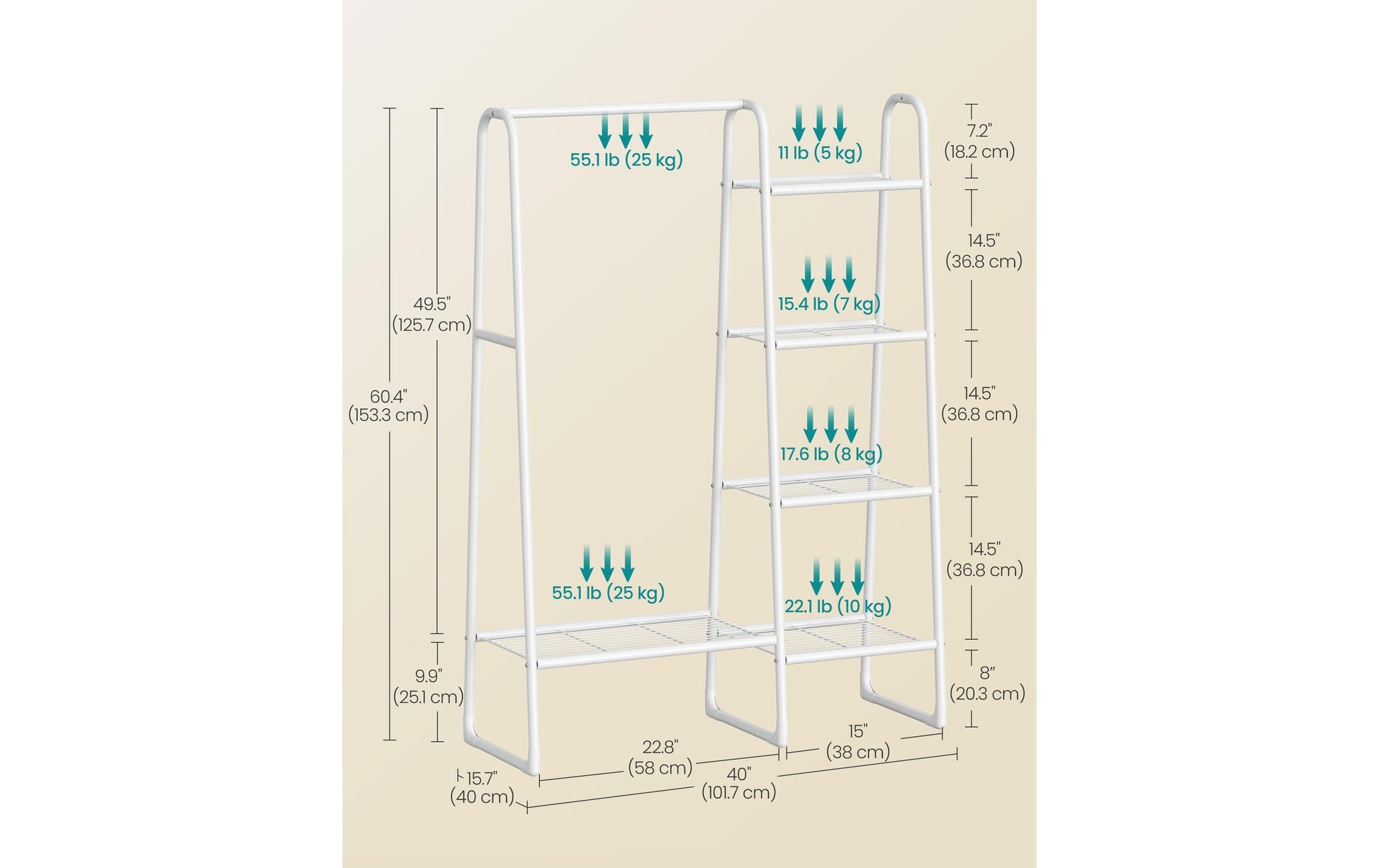 Songmics Garderobenständer – Stahl/Kunststoff, Weiss, 101,7 × 40 × 153,3 cm