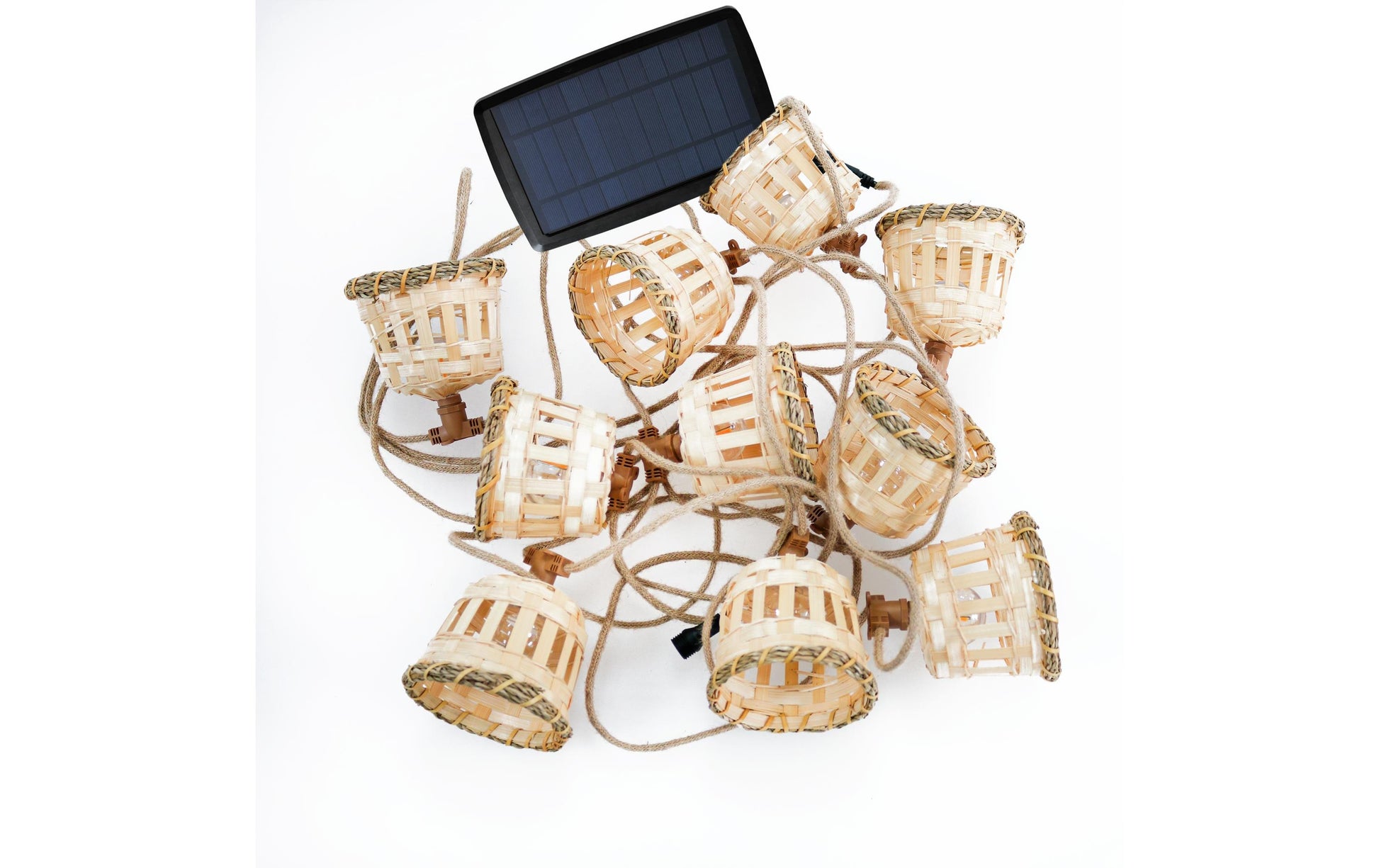 New Garden Lichterkette – IP44, Akkubetrieb, Solarbetrieb, USB – 10 LEDs, 10 h Laufzeit, Beige, Bambus/Jute