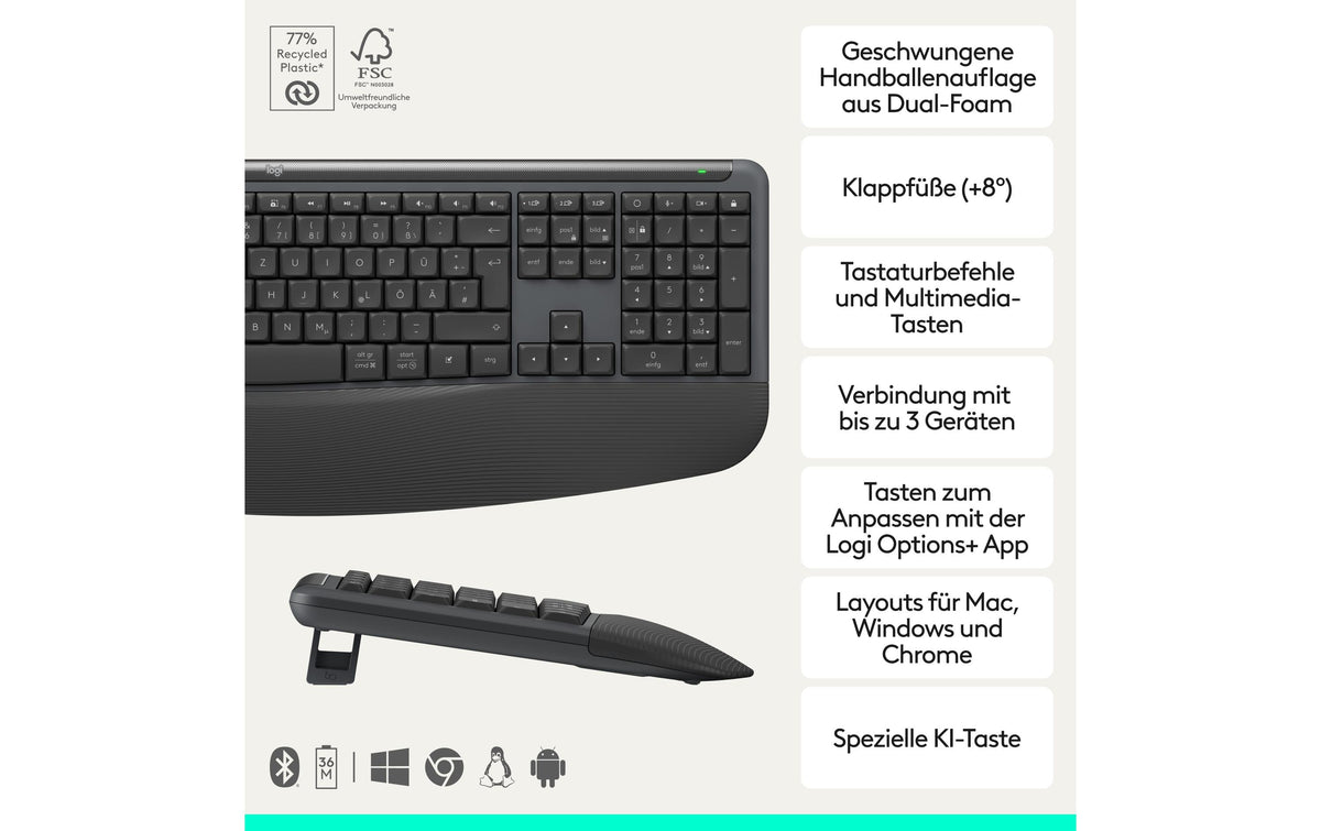 Logitech Signature Comfort Plus MK880 – Tastatur-Maus-Set – Bluetooth – mit Handgelenkauflage – Schwarz