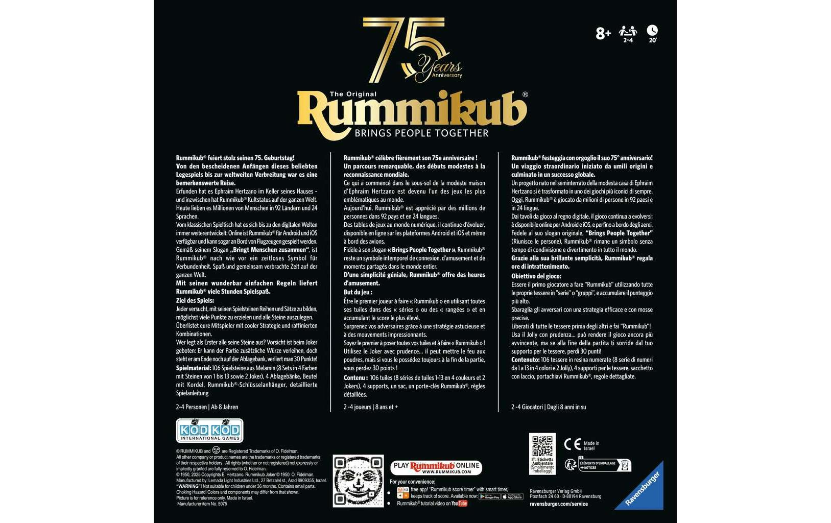 Ravensburger Rummikub 75. Jubiläumsedition – Brettspiel, 2–4 Spieler, ab 7 Jahren, 45 Min., DE/FR/IT