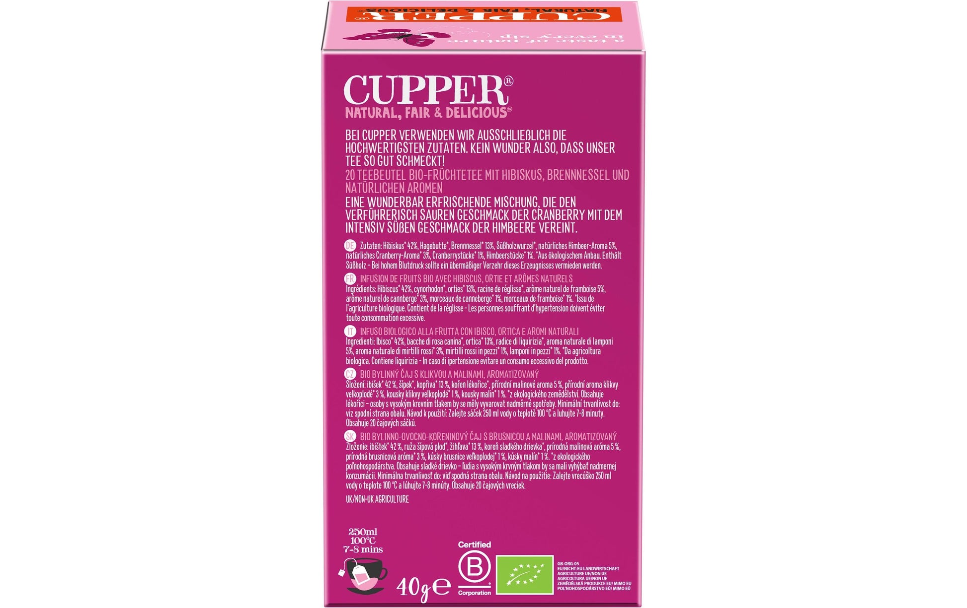 Cupper Tee Cupper – Früchtetee Cranberry & Himbeere – Teebeutel 20 Beutel – Bio