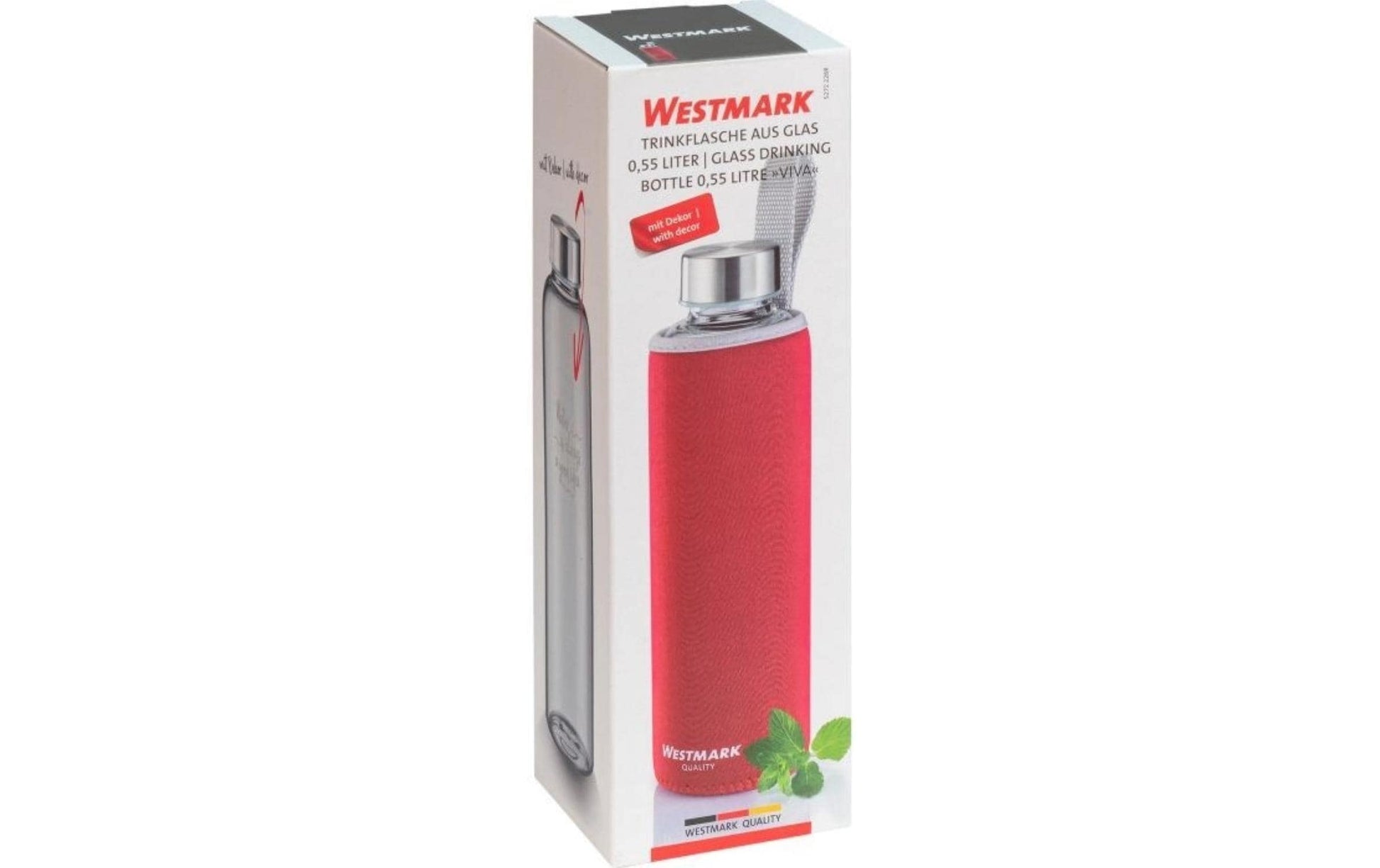 Westmark Viva Trinkflasche 550 ml – Glas, Schraubdeckel, Rot