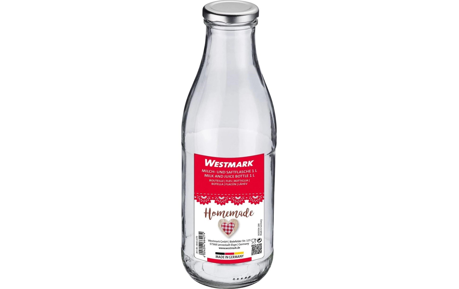 Westmark Einmachflasche – 1,0 l, Ø 8,5 cm, H 26,0 cm, Glas, Transparent, mit Deckel, spülmaschinenfest