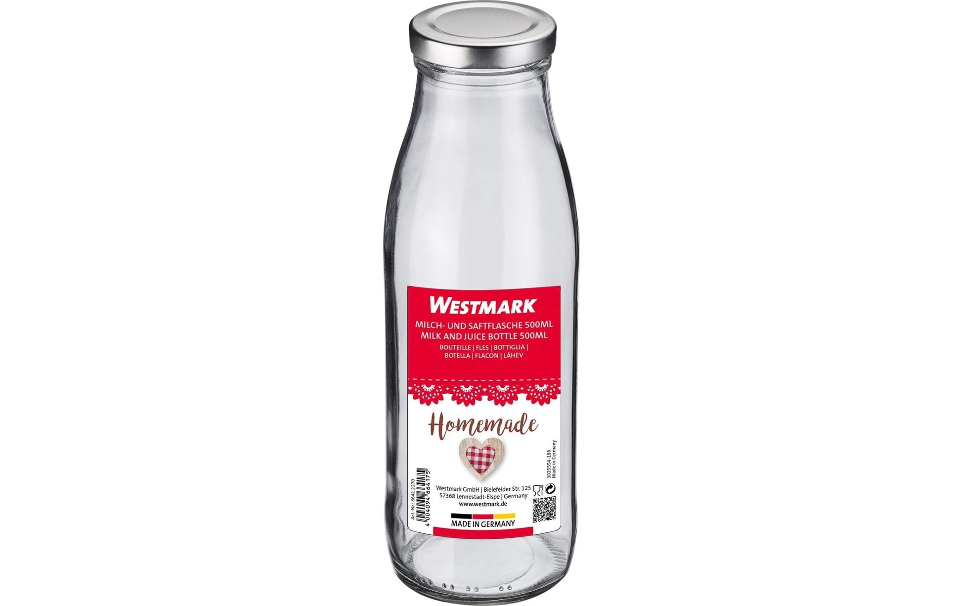 Westmark Einmachflasche – 500 ml, Ø 6,7 cm, H 20,5 cm, Glas/Edelstahl, mit Deckel, spülmaschinenfest