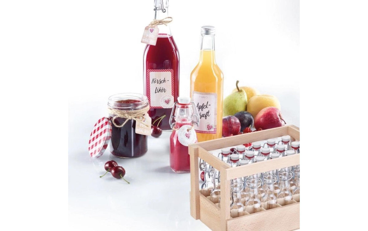 Westmark Einmachflasche – 24er Set, 40 ml, 16,5 × 16,5 × 17,5 cm, Glas/Holz, Braun, mit Bügelverschluss