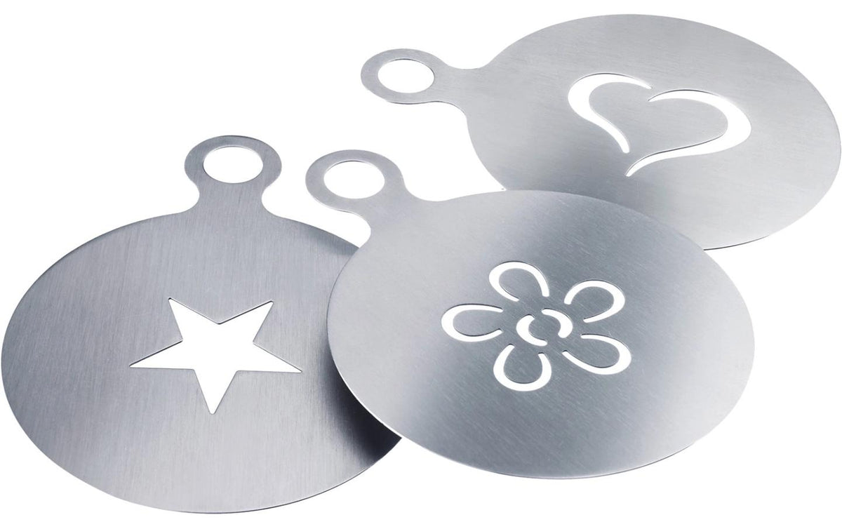 Westmark Dekorierschablonen Cappuccino – Ø 10 cm, Edelstahl, 3 Stk., spülmaschinenfest, für Puderzucker