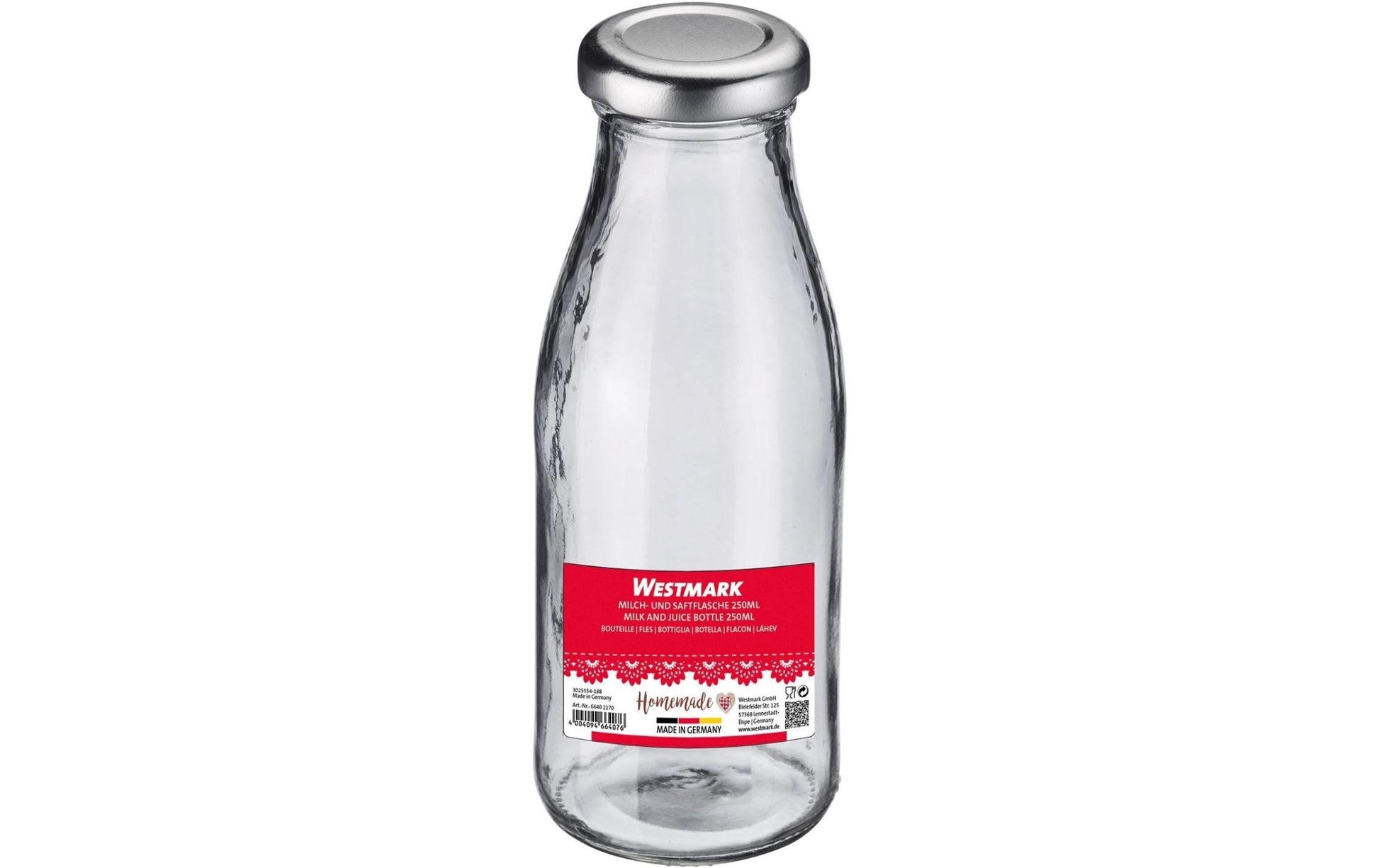 Westmark Einmachflasche – 250 ml, Ø 6 cm, H 16 cm, Glas/Edelstahl, Schraubverschluss, spülmaschinenfest