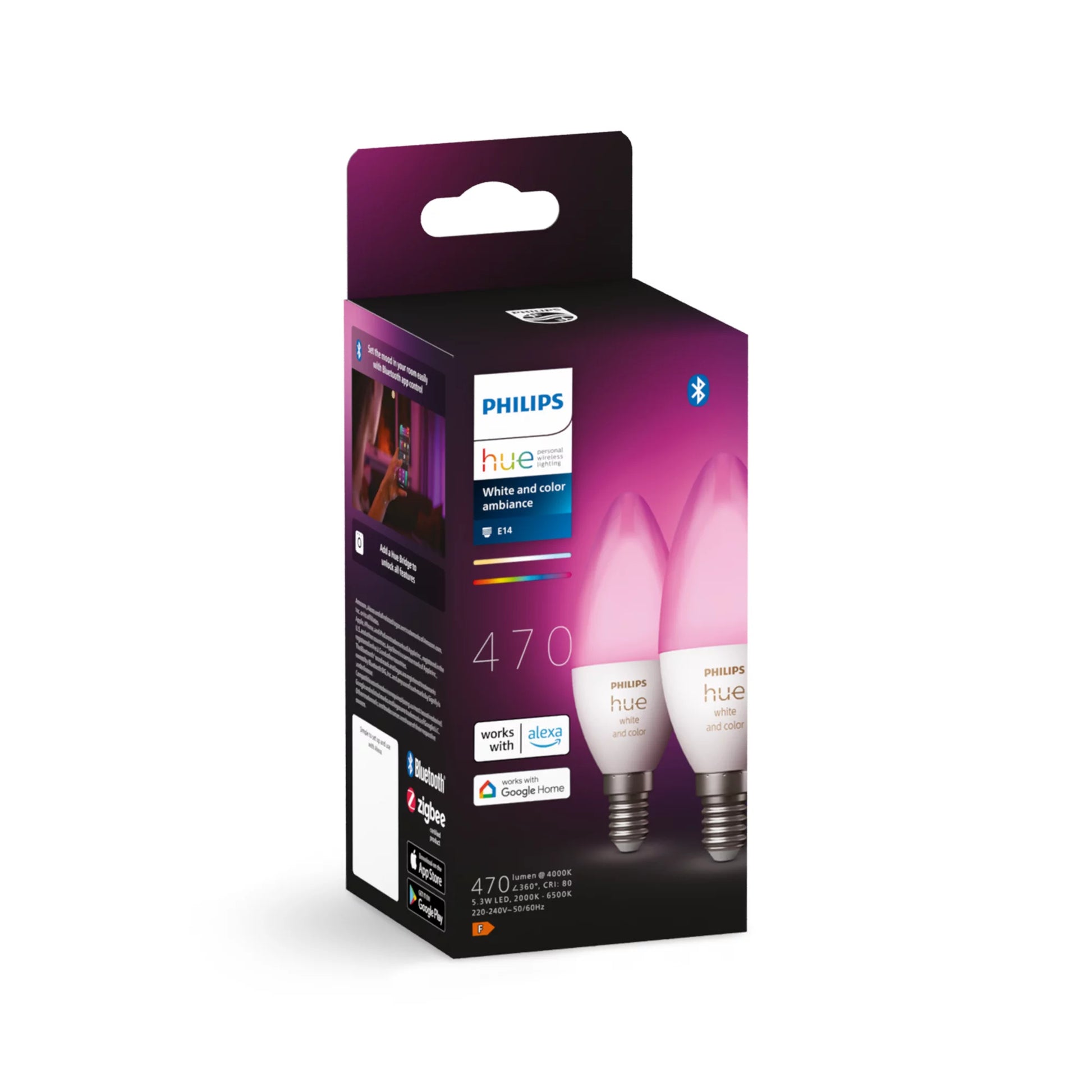 Philips by Signify Philips Hue Smart-Leuchtmittel E14 Kerzenform – RGB+CCT, 470 lm, 5,3 W, Bluetooth – für Philips Hue – 2 Stk.