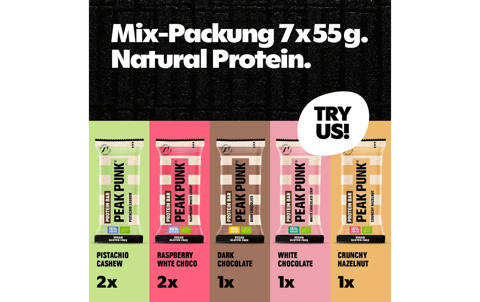 PEAK PUNK Proteinriegel Probierbox – Mix, bio, vegan – 7 × 55 g