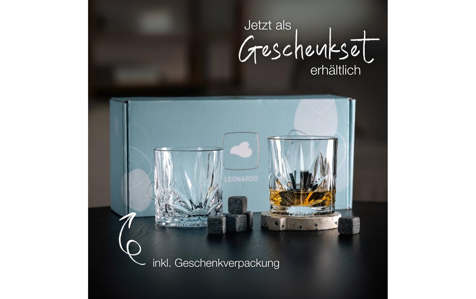 LEONARDO Whiskybecher DOF CAPRI – 2er Set, 330 ml, H 9,5 cm, Glas, Transparent, mit 8 Kühlsteinen