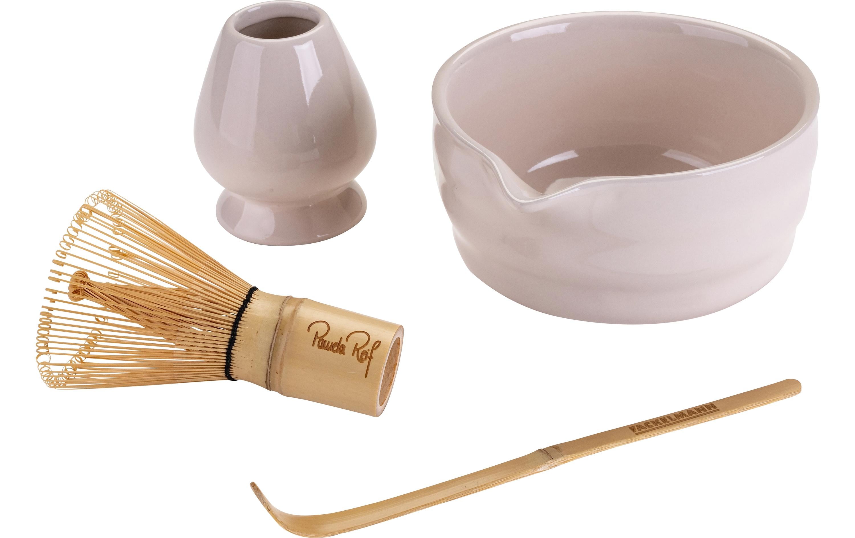 Fackelmann Matcha-Set 500 ml, Steingut/Bambus, spülmaschinenfest, beige/braun, 4-teilig