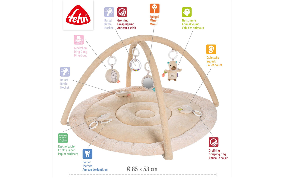 Fehn Krabbeldecke mit Spielbogen – Capybara Clara – 8-teilig – 85 cm – Plüsch, Polyester – Beige, Braun