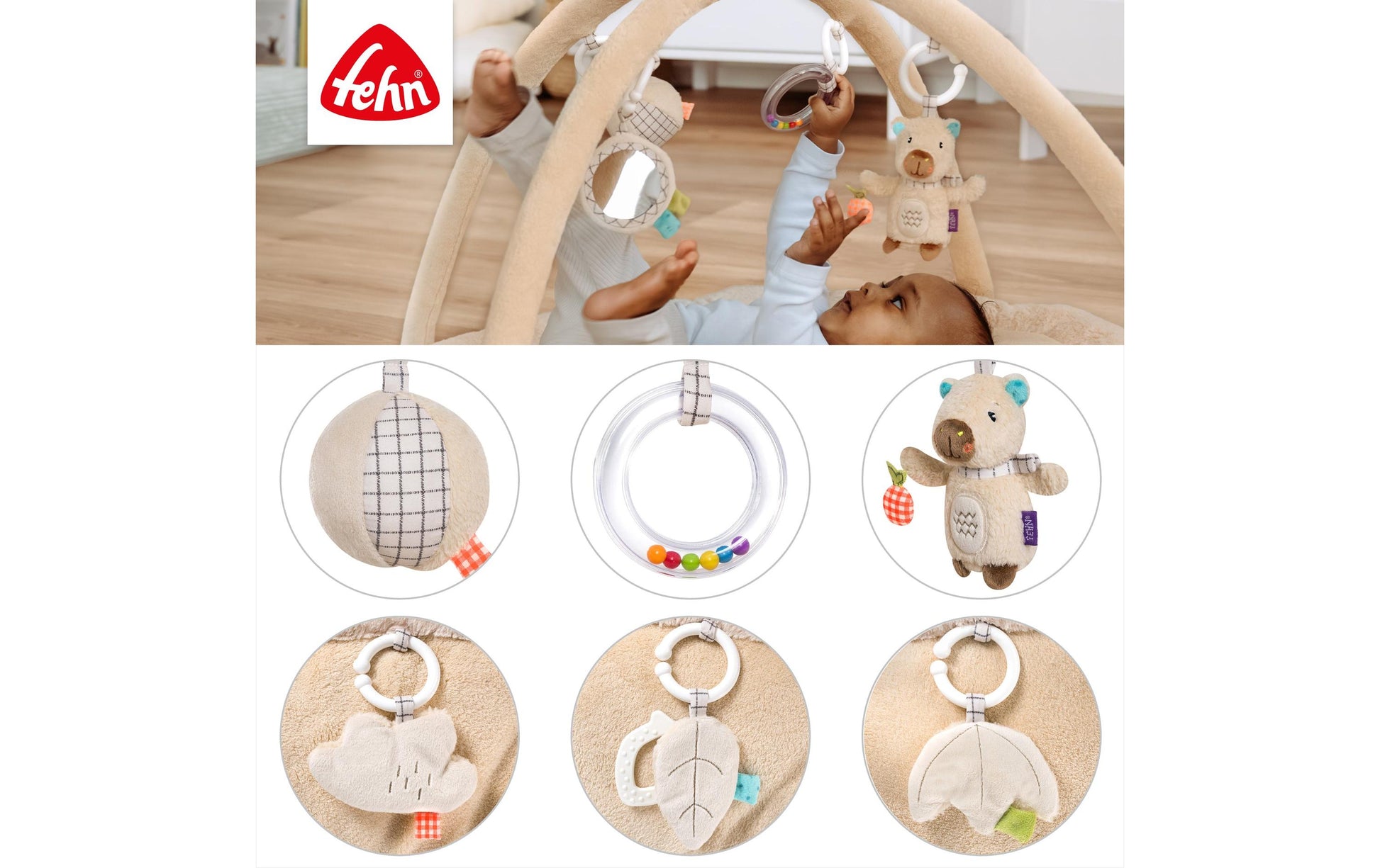 Fehn Krabbeldecke mit Spielbogen – Capybara Clara – 8-teilig – 85 cm – Plüsch, Polyester – Beige, Braun