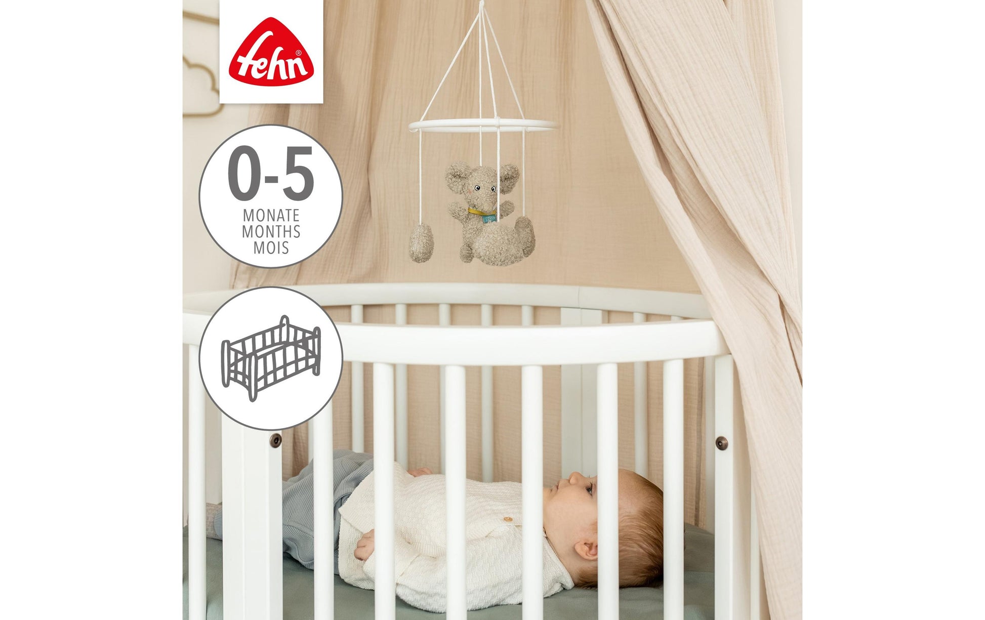 Fehn FredErik Deko-Mobile Elefant – 18 × 18 × 6 cm – Plüsch & Polyester, grau
