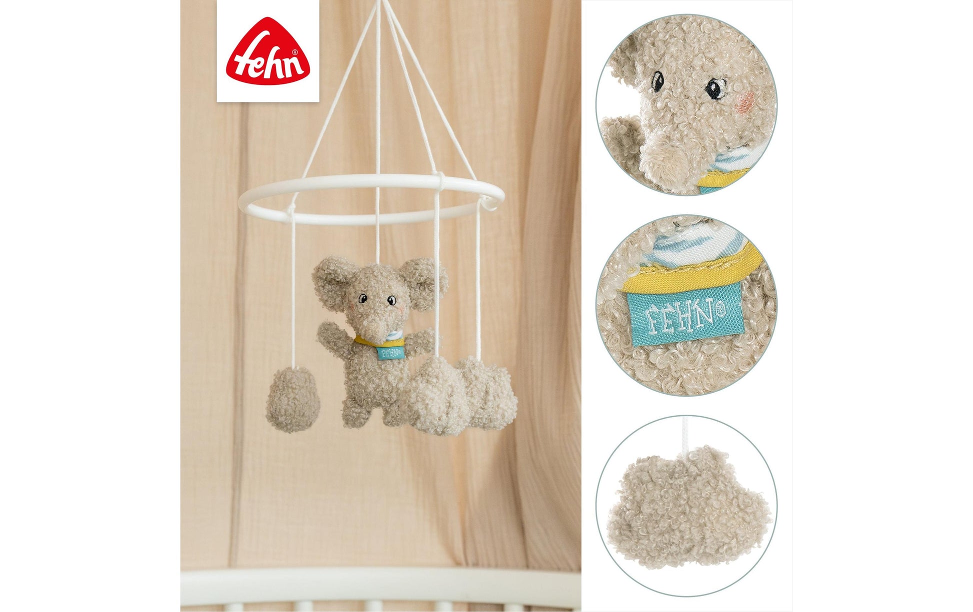 Fehn FredErik Deko-Mobile Elefant – 18 × 18 × 6 cm – Plüsch & Polyester, grau
