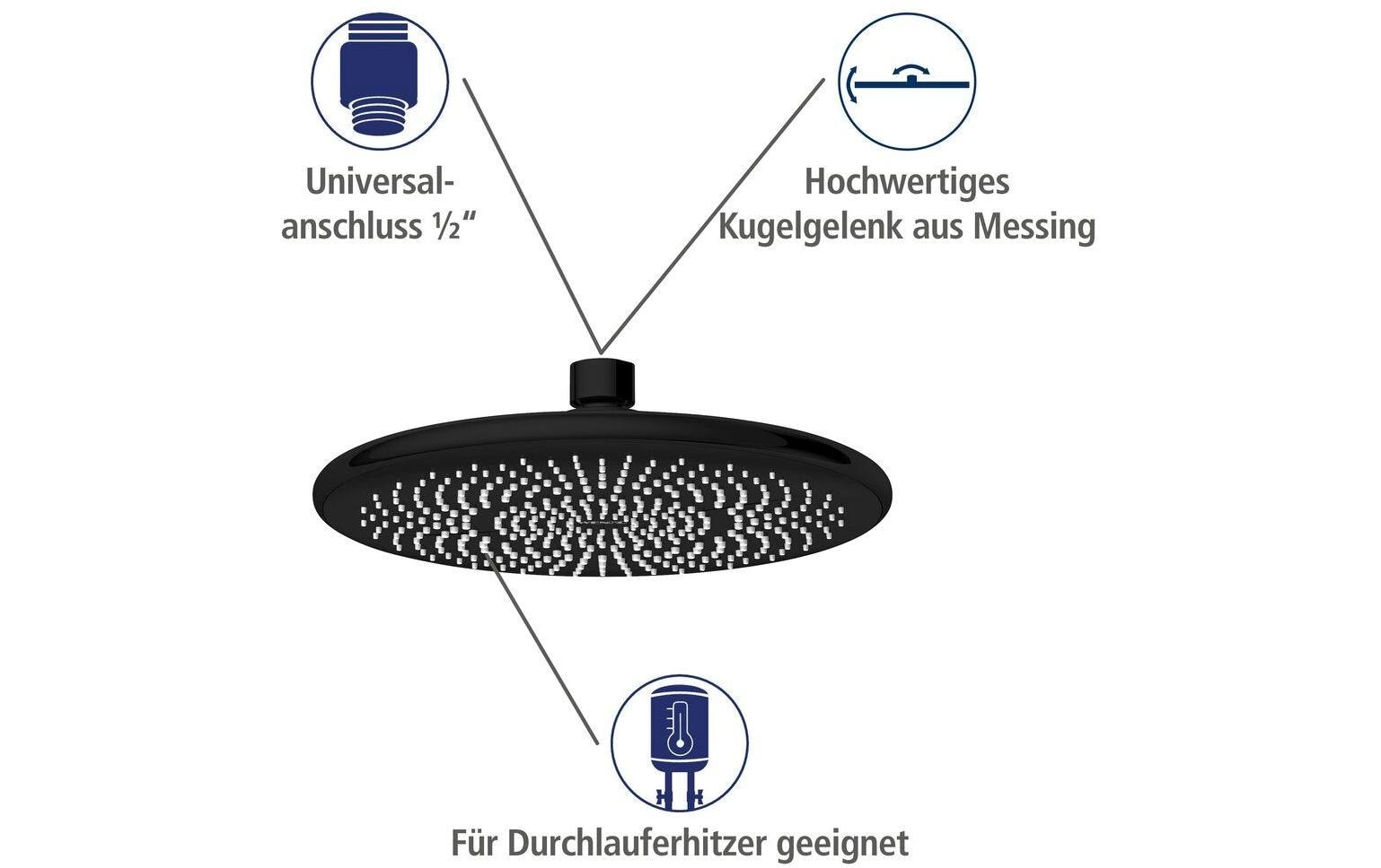 Wenko Regendusche – 22,5 cm, ABS, für 1/2" Anschluss, Schwarz matt