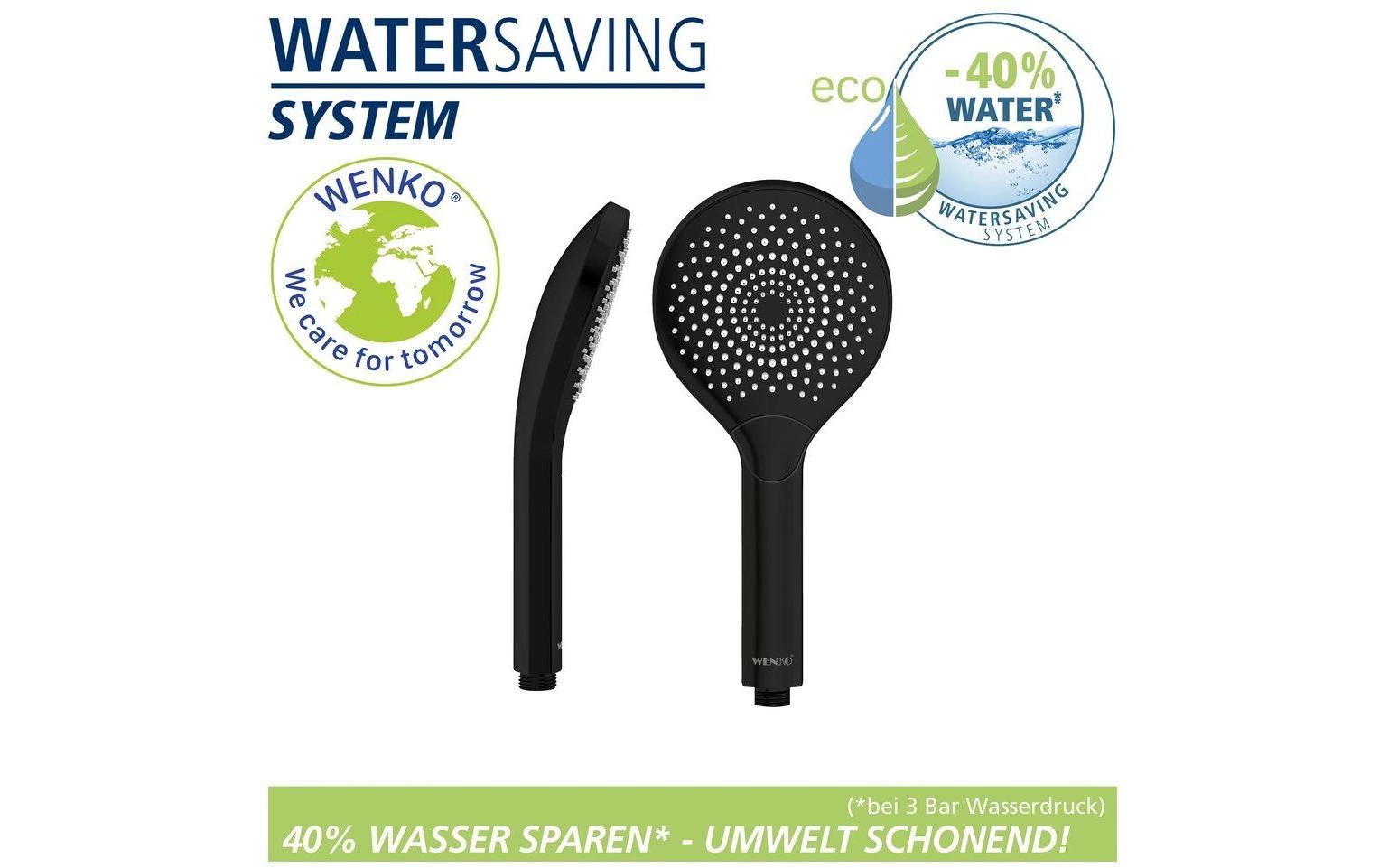 Wenko Handbrause – ABS, Ø12 cm, schwarz matt, 3 Strahlarten, für 1/2"-Anschlüsse, wassersparend