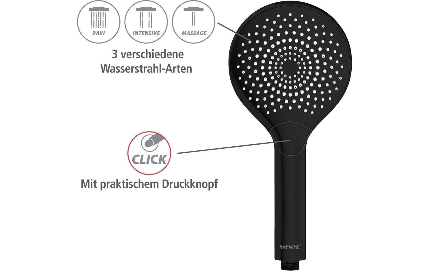 Wenko Handbrause – ABS, Ø12 cm, schwarz matt, 3 Strahlarten, für 1/2"-Anschlüsse, wassersparend