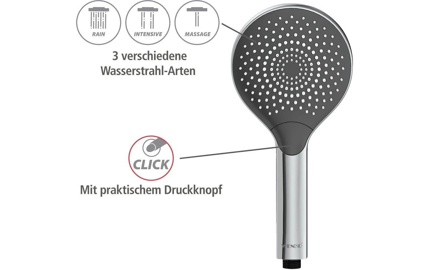 Wenko Handbrause – Ø12 cm, ABS, 3 Strahlarten, wassersparend, Chrom/Grau