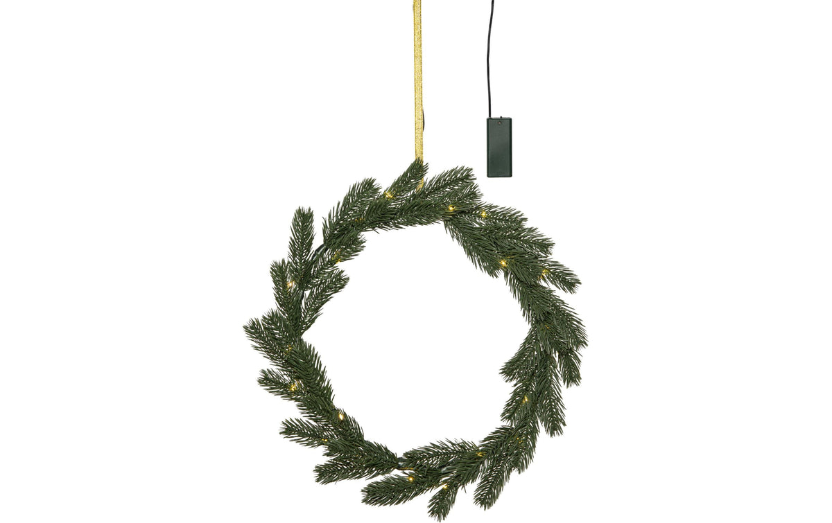 Star Trading Kranz – beleuchtet, batteriebetrieben, 20 LEDs – Ø 35 cm – Kunststoff & Metall & Polyester, grün