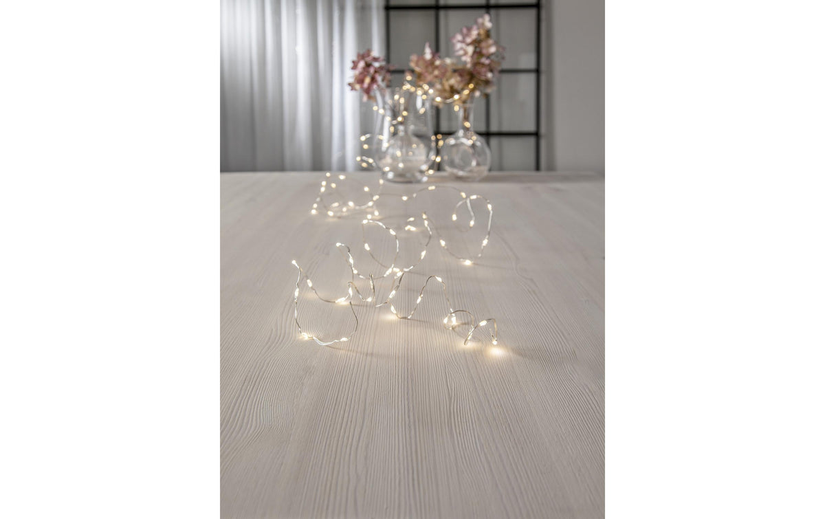 Star Trading Lichterkette Dew Drop – Starterset, 5 m, 100 LED, Warmweiss, Silber