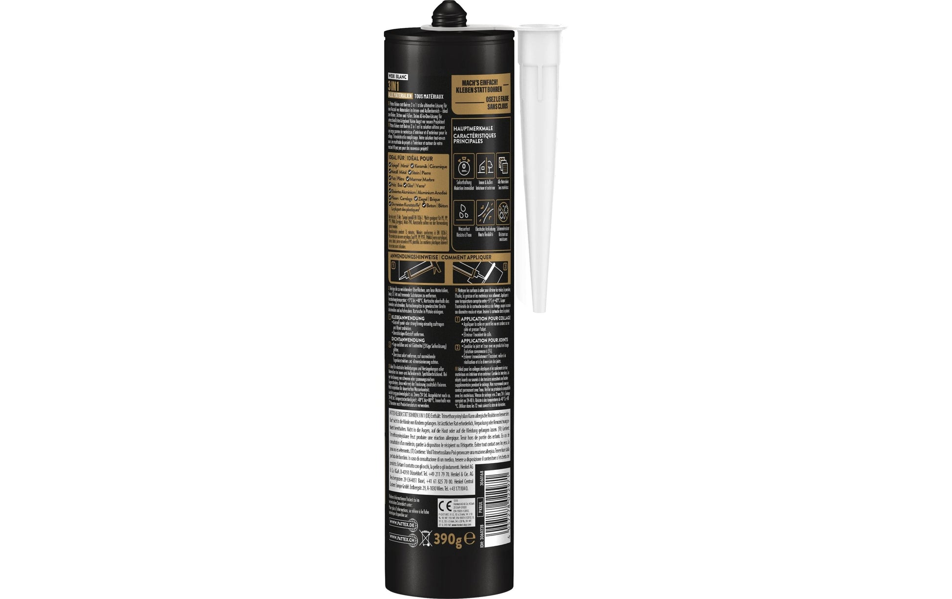 Pattex Montagekleber Kleben statt Bohren 3 in 1 – Weiss – 390 g – Für verschiedene Oberflächen