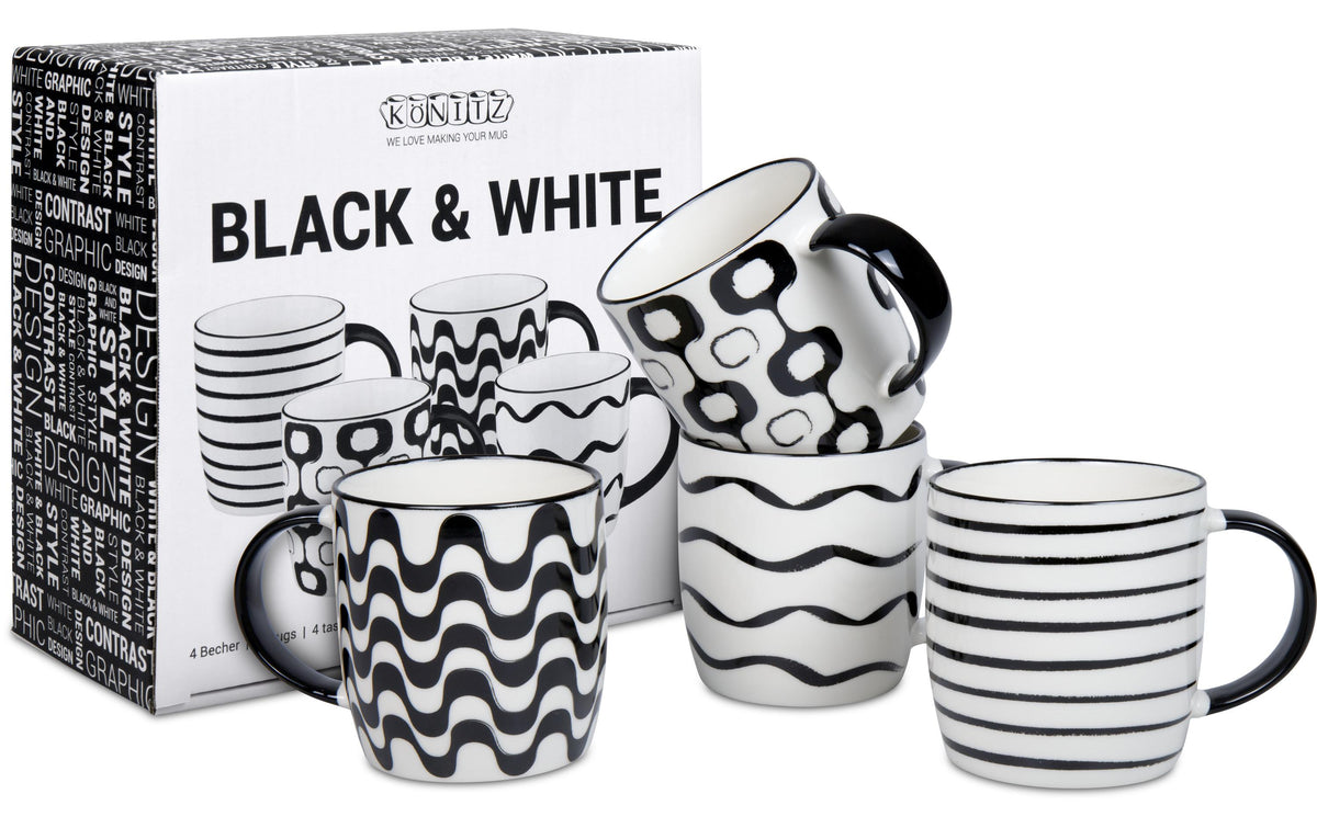 Könitz Porzellan Könitz Kaffeebecher – 4er Set, 300 ml, Ø 8,1 cm, H 9,5 cm, Keramik, Schwarz/Weiss, spülmaschinenfest