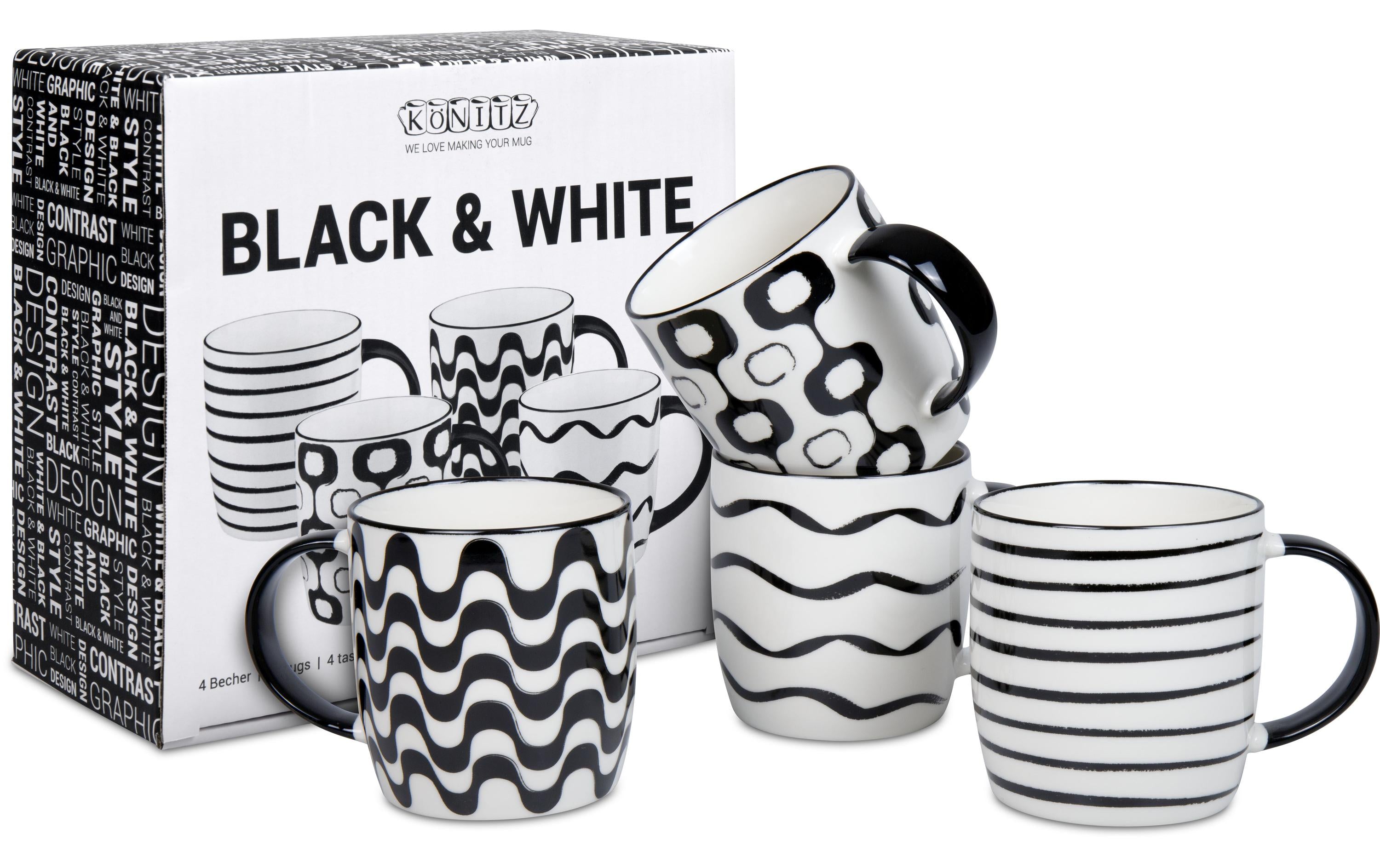 Könitz Porzellan Könitz Kaffeebecher – 4er Set, 300 ml, Ø 8,1 cm, H 9,5 cm, Keramik, Schwarz/Weiss, spülmaschinenfest