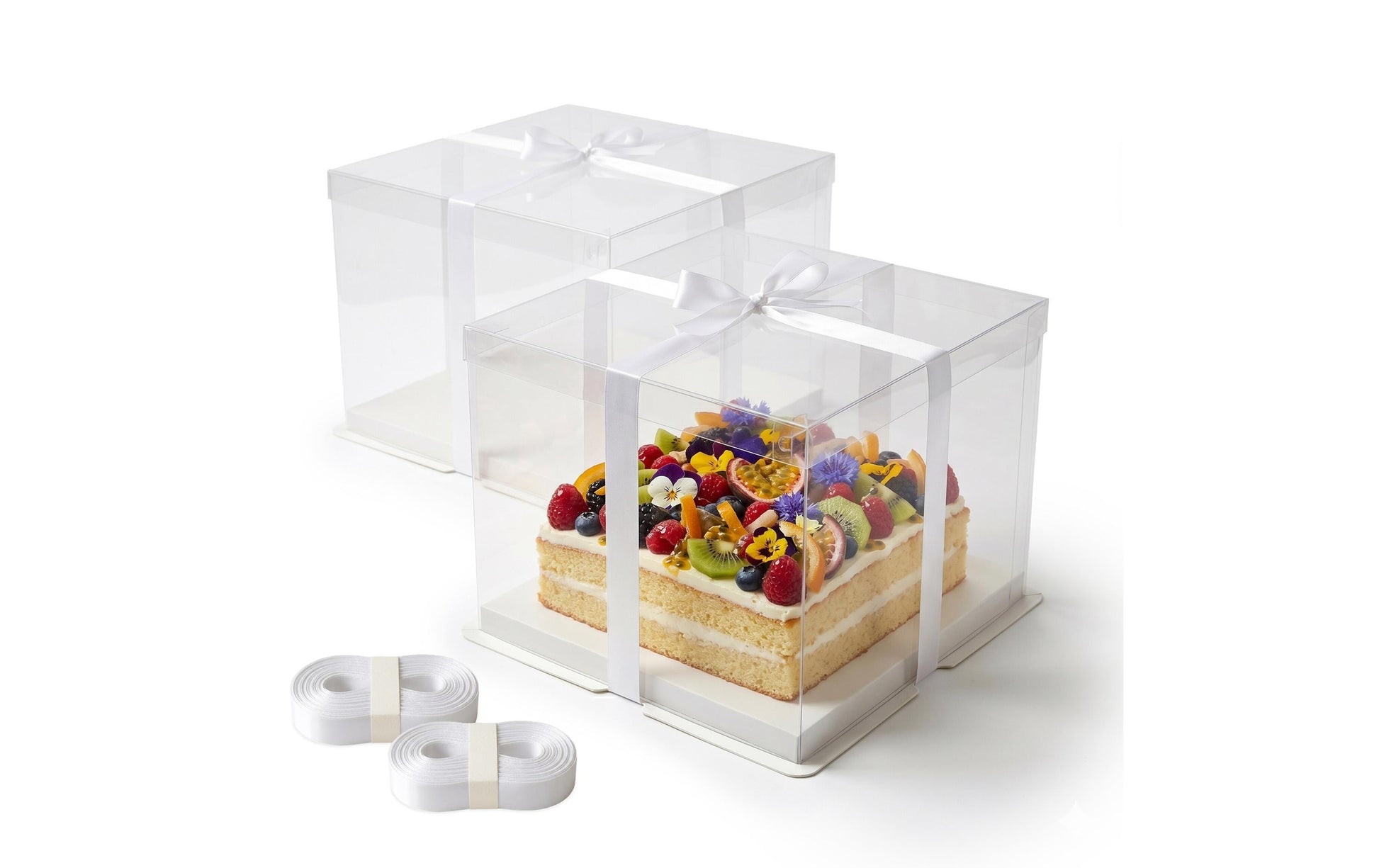 Relaxdays Tortenbox 30 × 30 × 30 cm, Kunststoff/Pappe/Polyester, Transparent/Weiss, 2 Stk.