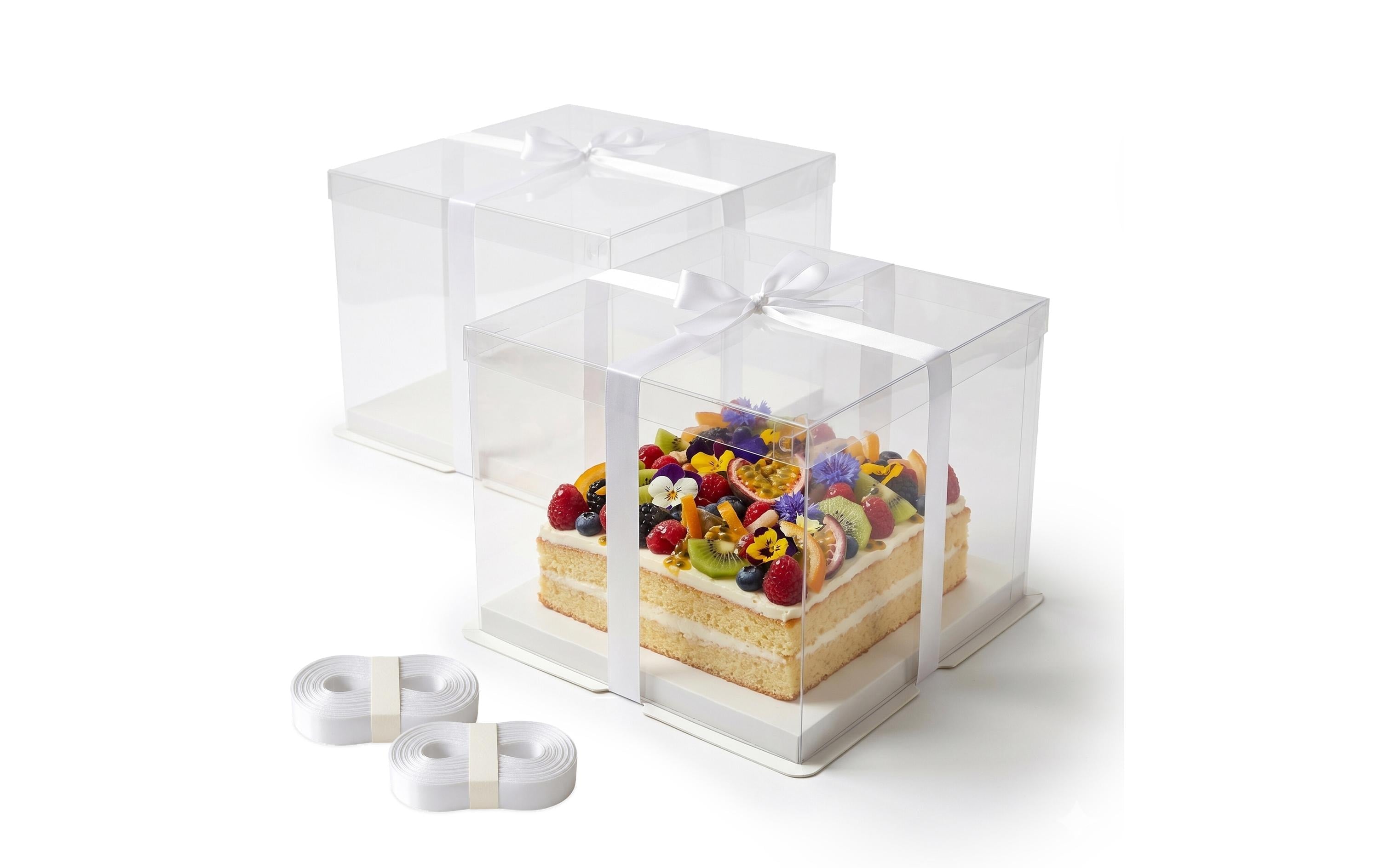 Relaxdays Tortenbox 30 × 30 × 30 cm, Kunststoff/Pappe/Polyester, Transparent/Weiss, 2 Stk.