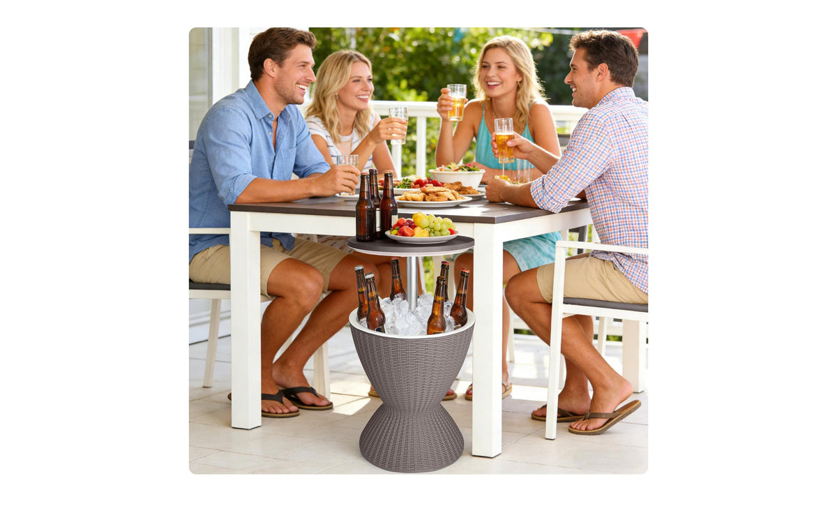 Relaxdays Bartisch – Beige – Aluminium, Kunststoff, Polypropylen – Tisch 48,5 × 48,5 × 82 cm – Kühlfunktion