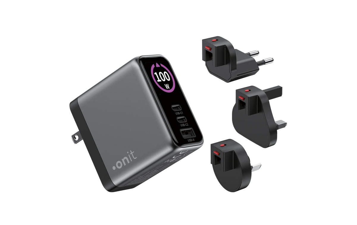 Onit GaN USB-Ladegerät 100 W – USB-C×2, USB-A×1 – US/EU/UK/AU-Stecker – Schwarz